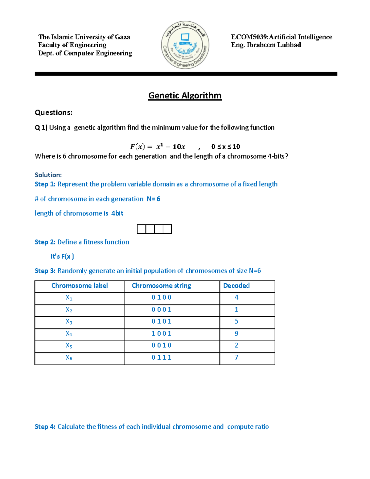 Genetic Algorithm Analysis and Optimization for ECOM 5039 AI - Studocu