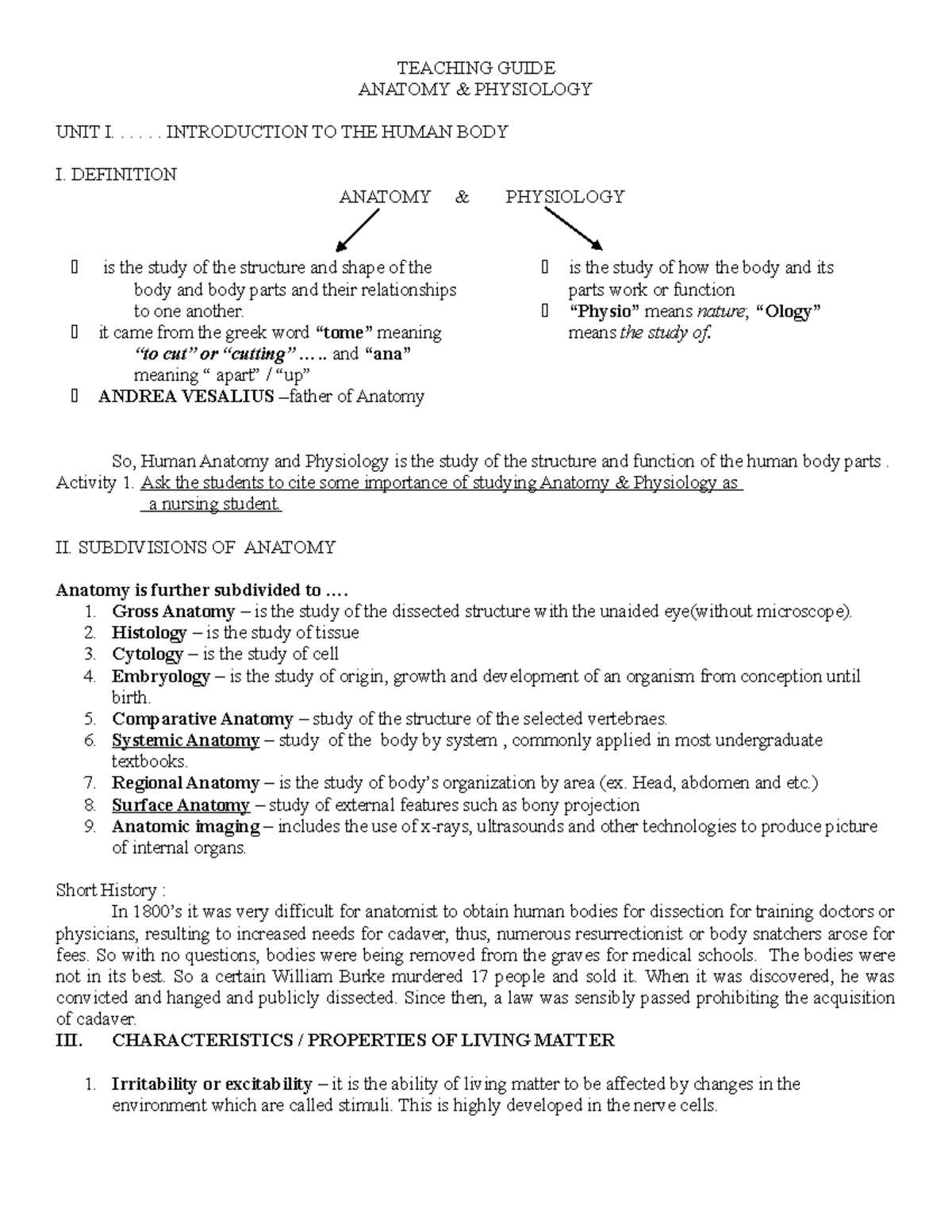 Intro. to Anatomy & Cell 1 - TEACHING GUIDE ANATOMY & PHYSIOLOGY UNIT I ...