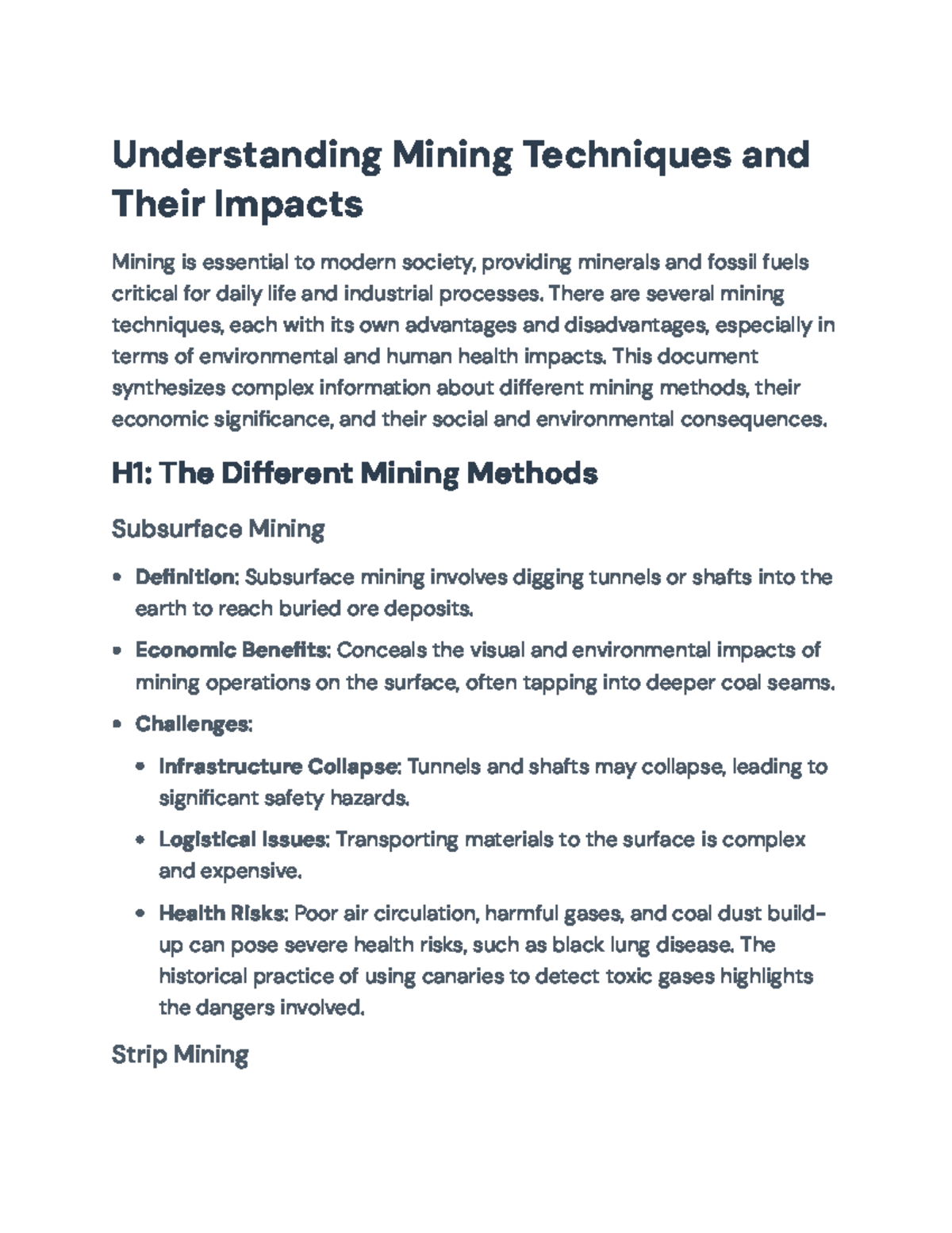 Mining Techniques, Environmental & Economic Impacts - Course Notes ...