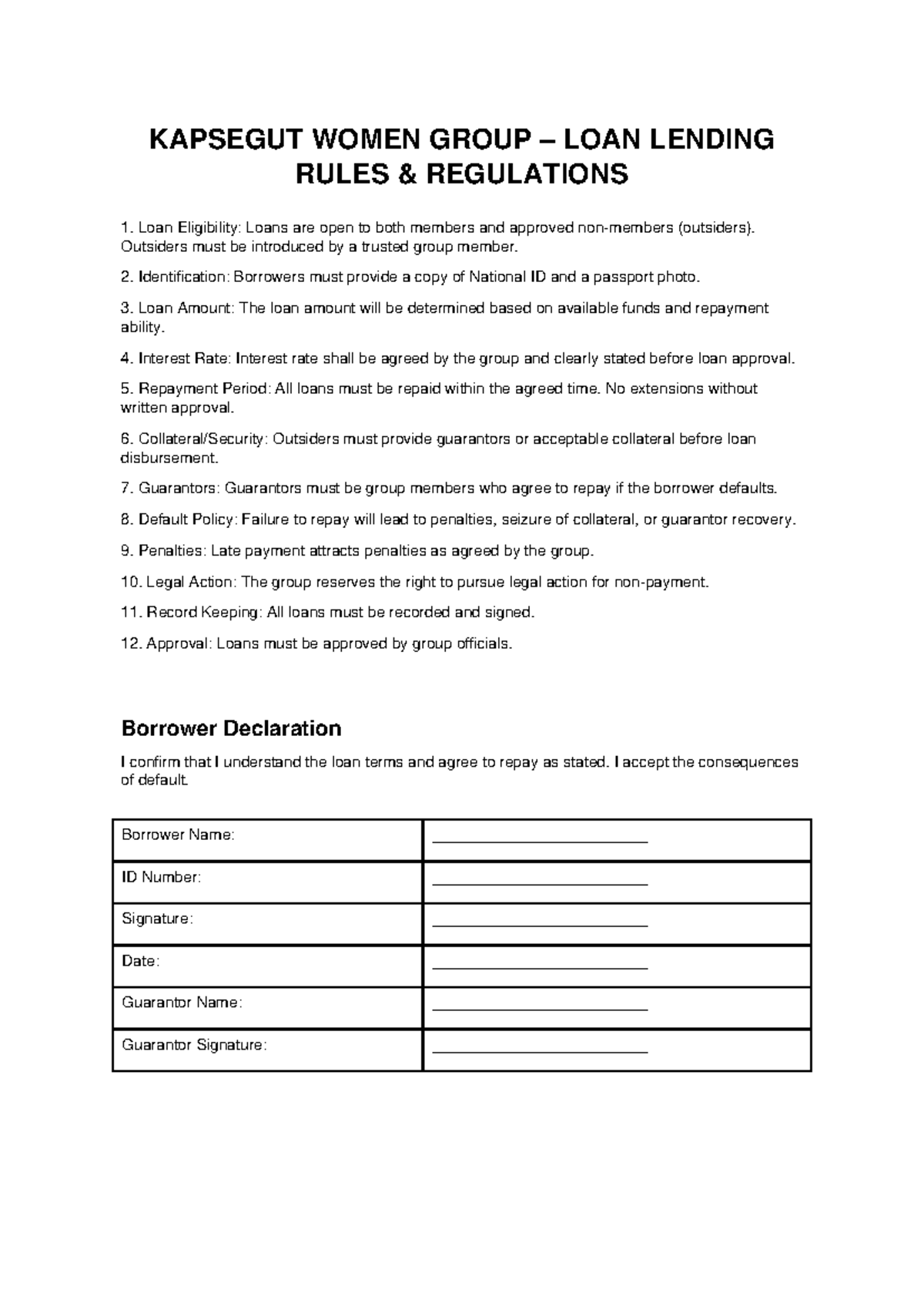 Kapsegut Women Group Loan Lending Rules & Regulations - Studocu