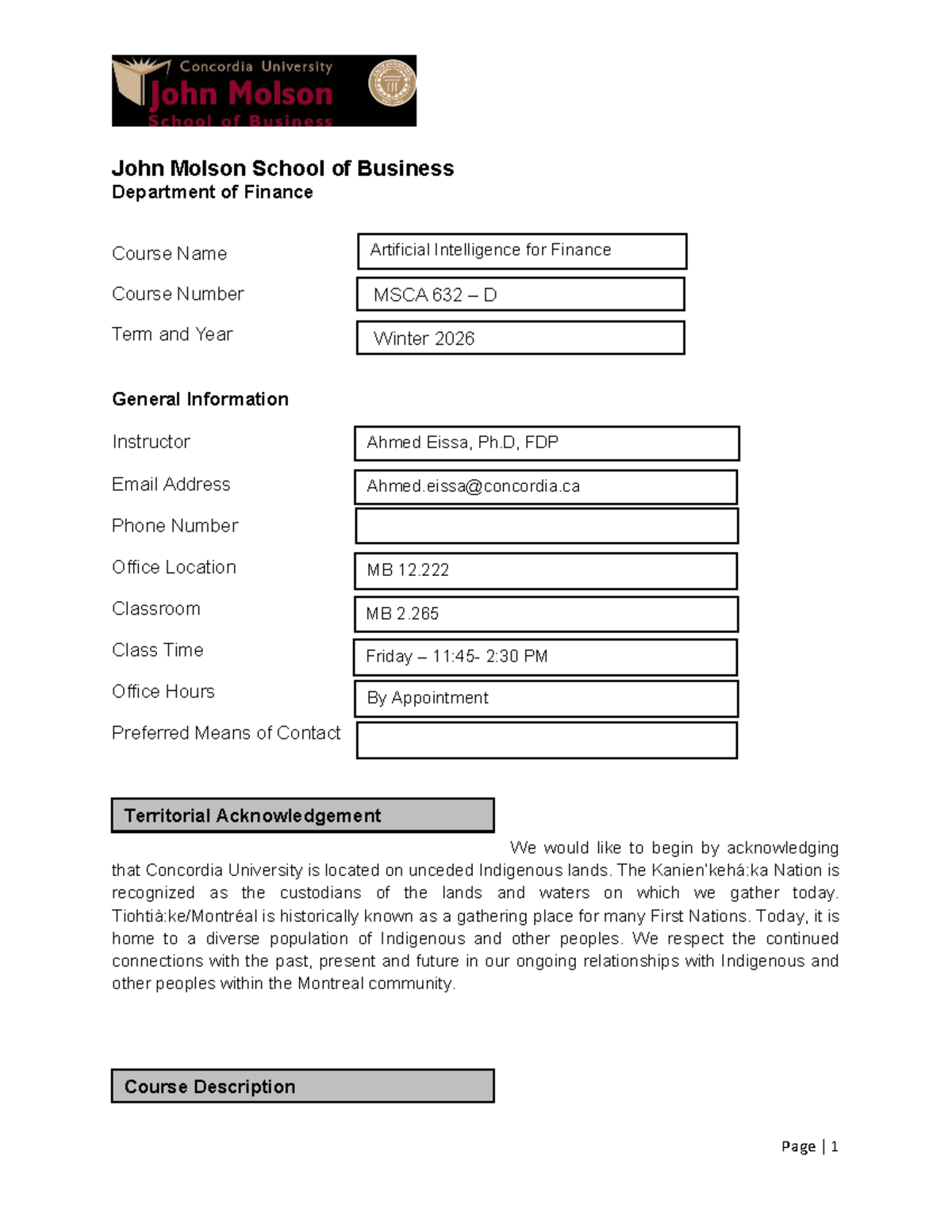 MSCA 632: AI Applications in Finance - Course Outline Winter 2026 - Studocu