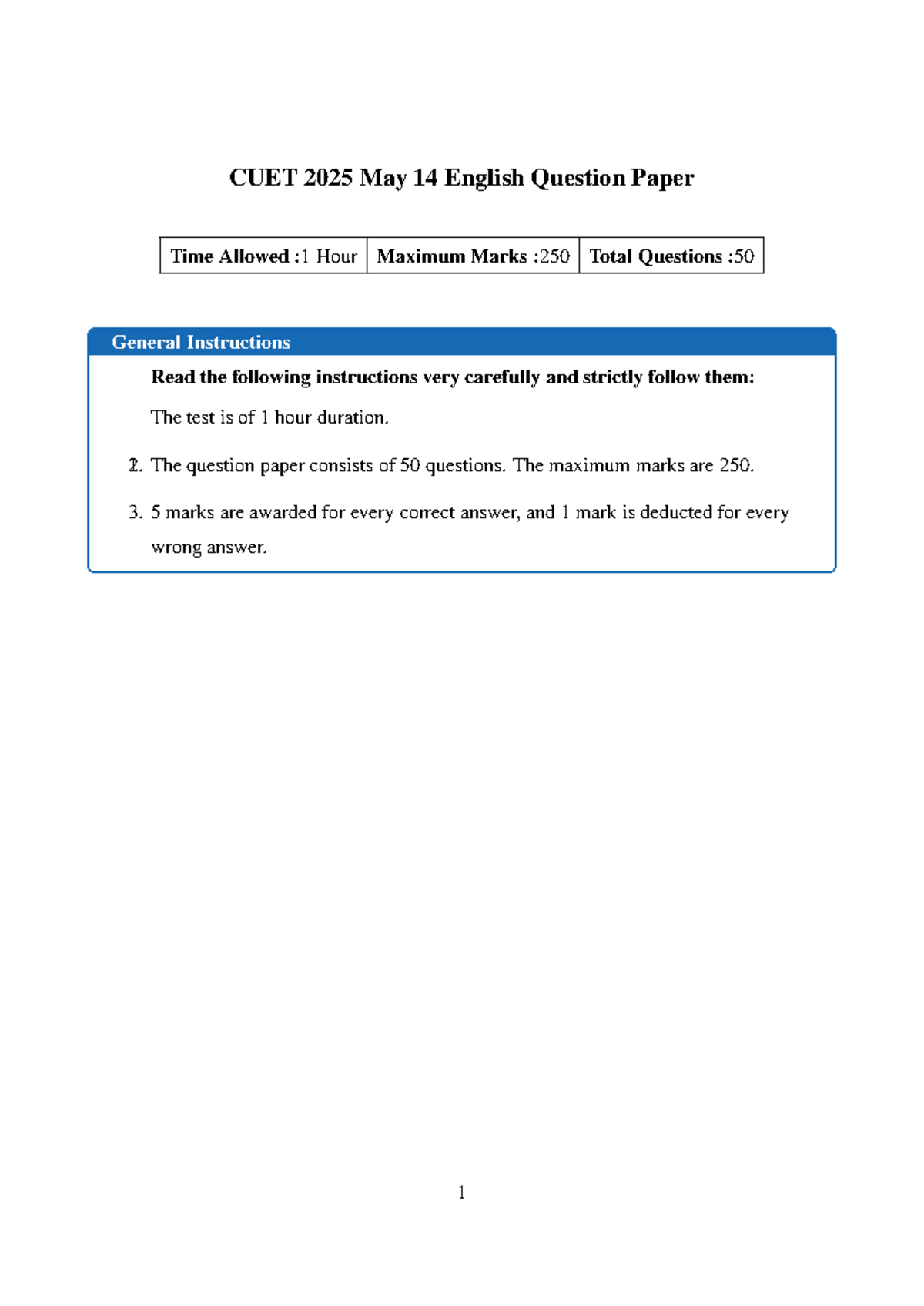 CUET 2025 English Question Paper - May 14 Exam - Studocu