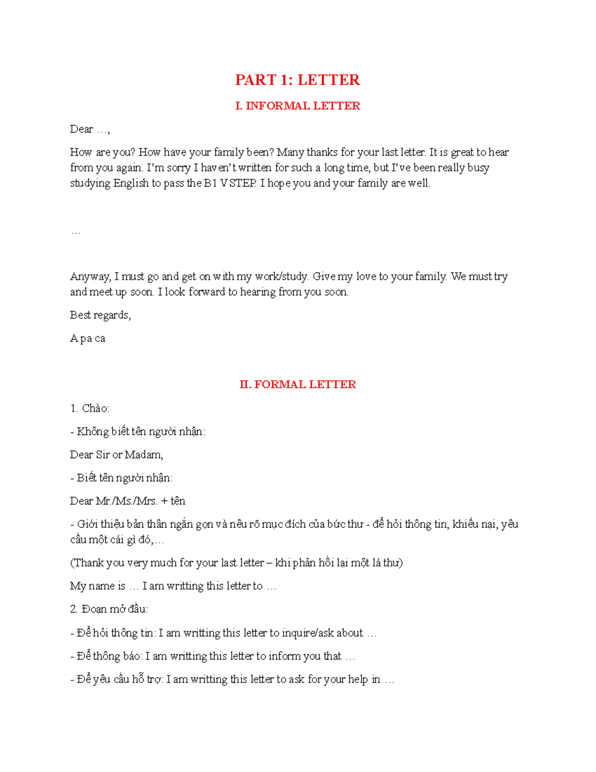 B1 VSTEP: Informal & Formal Letter Writing Guide - Studocu