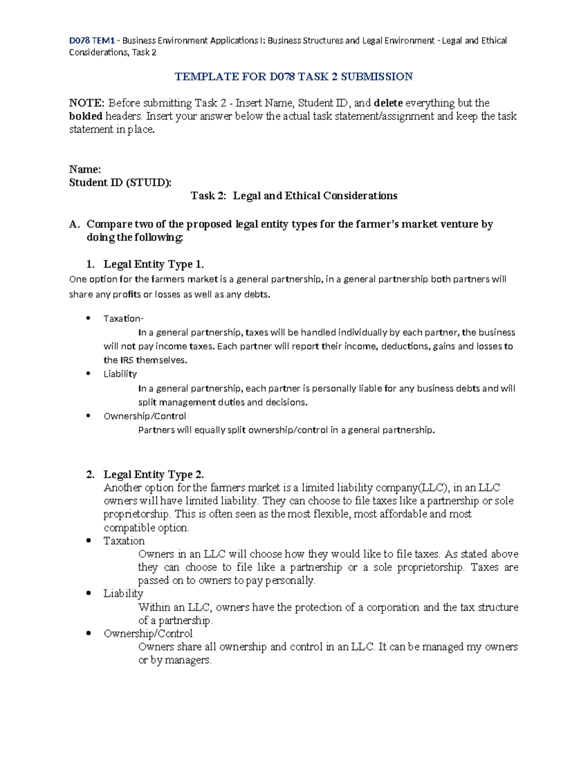D078 - Task 2 - Legal and Ethical Considerations for Farmers Market ...