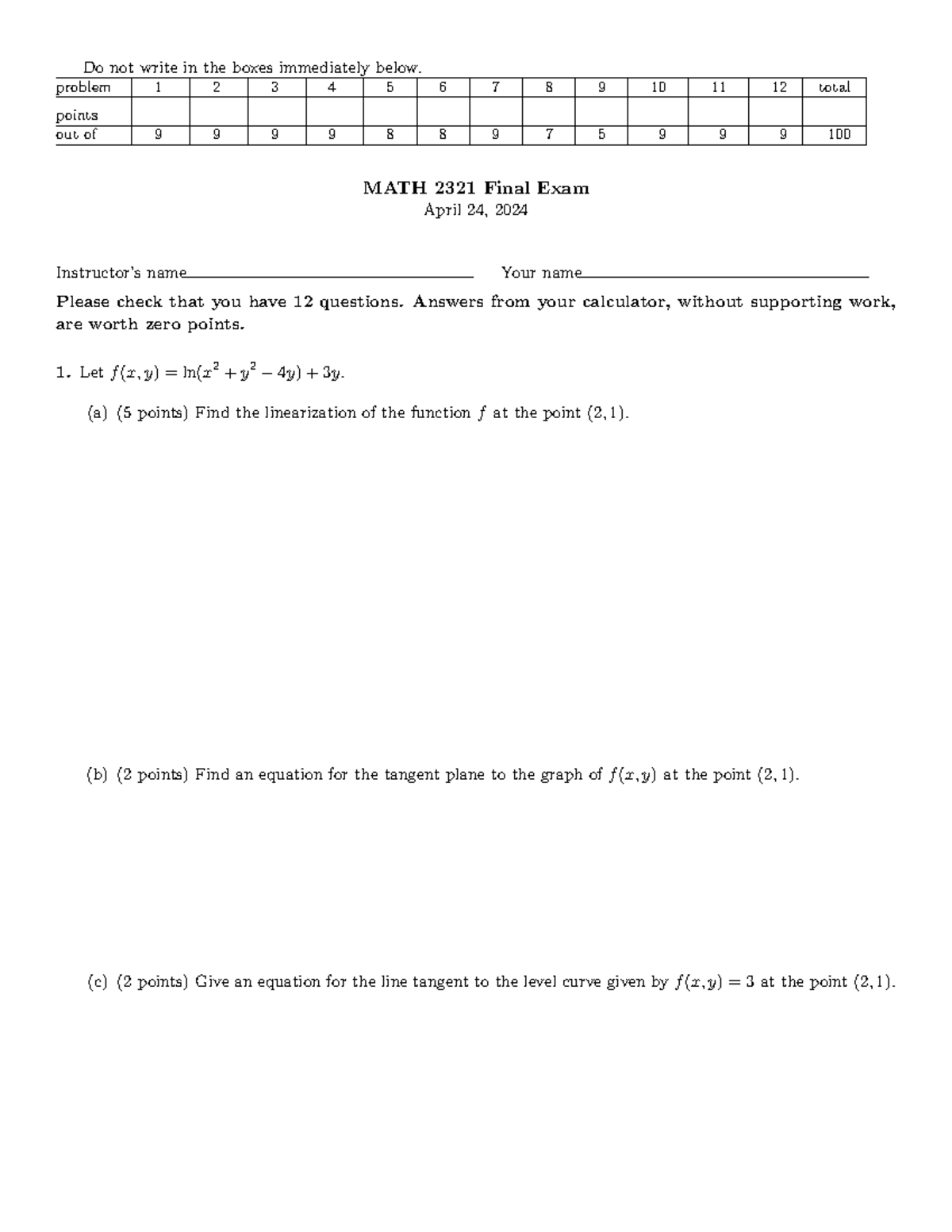 MATH 2321 Spring 2024 Final Exam Review and Solutions - Studocu