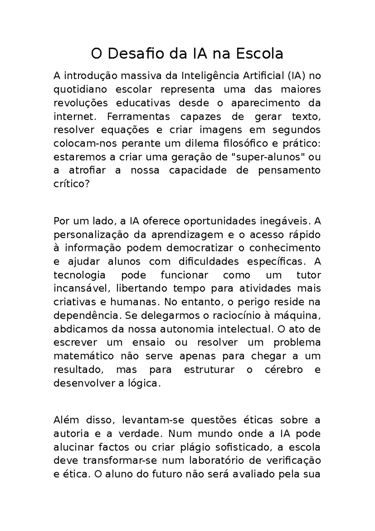 Desafios e Oportunidades da IA na Educação Escolar - Studocu