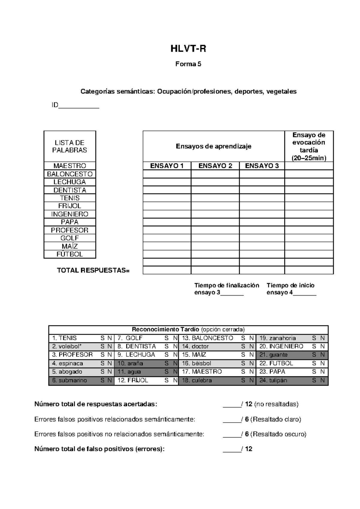 13. HVLT-R Formato 5 - Test de Evocación Tardía y Aprendizaje - Studocu