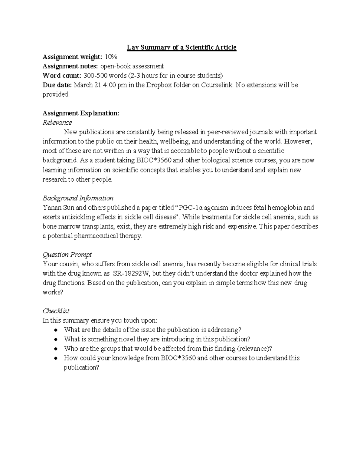 BIOC3560 W25 Lay Summary Instructions - Lay Summary of a Scientific ...