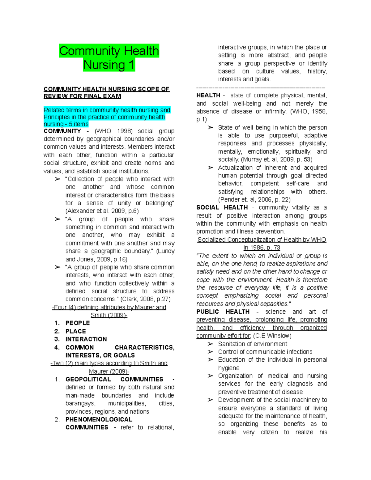 Final Exam Review for Community Health Nursing CHN - Studocu