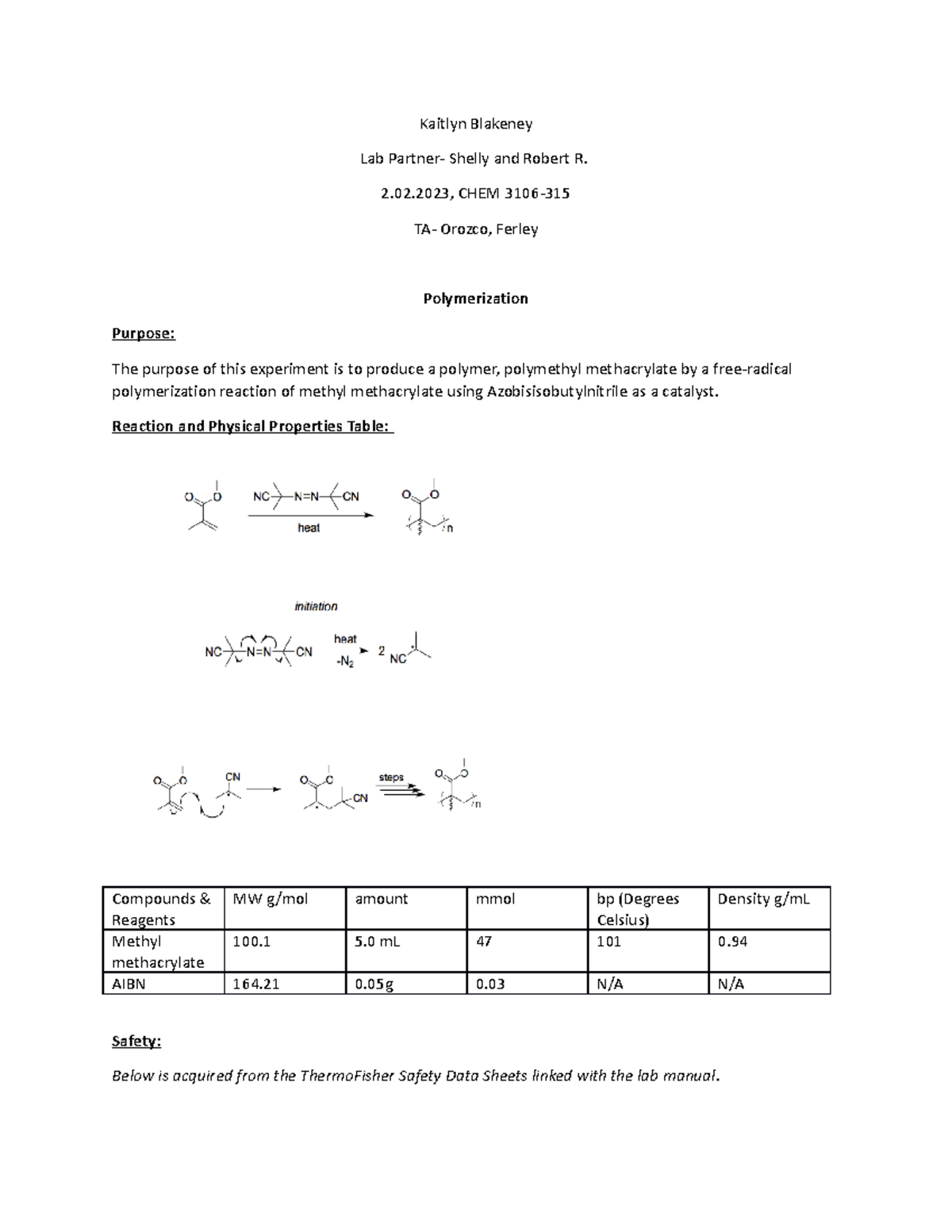 CHEM 3106 Ochem II Lab Report: Polymerization Experiment 2 - Studocu