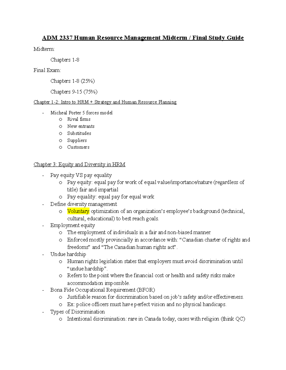 ADM 2337 Human Resource Management Midterm & Final Study Guide - Studocu