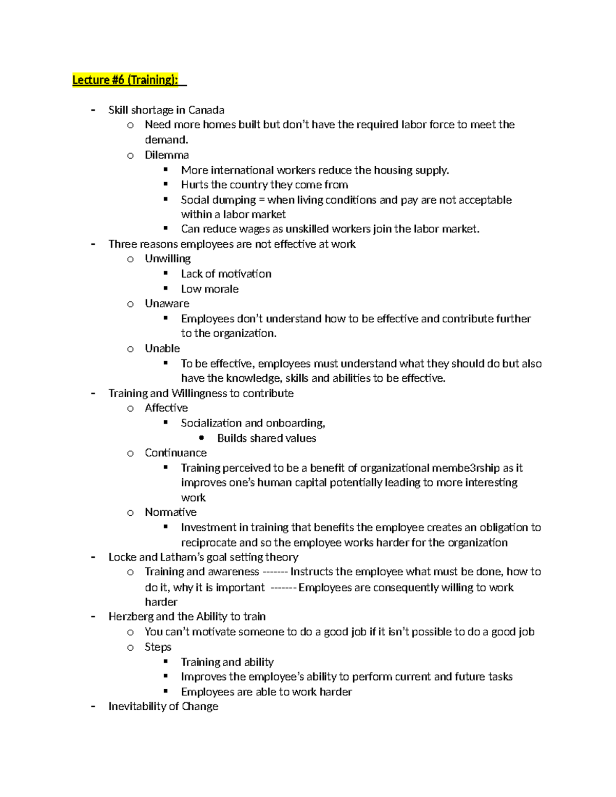 Lecture Notes on Training and Employee Effectiveness - Midterm 1 ...
