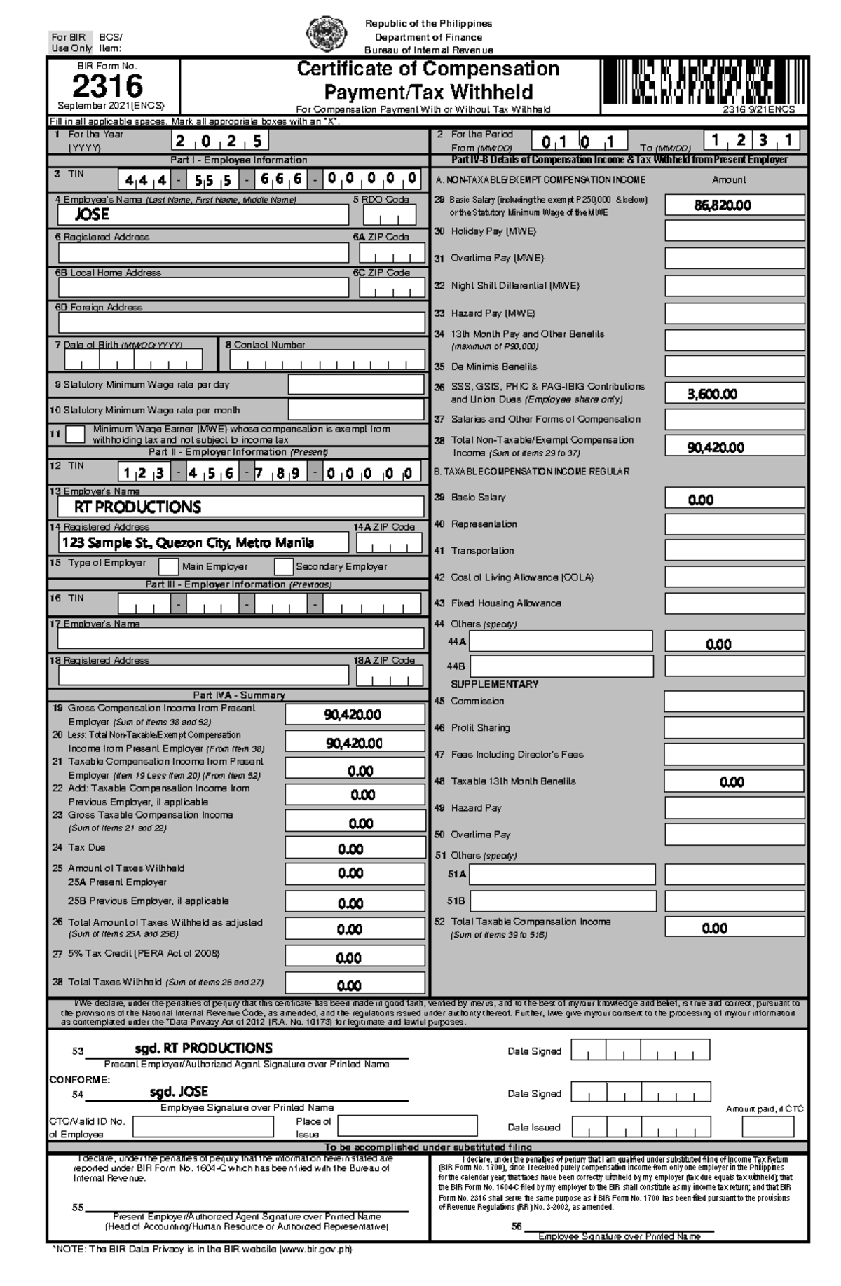 BIR Form No. 2316 Certificate of Compensation Withheld - JOSE - Studocu