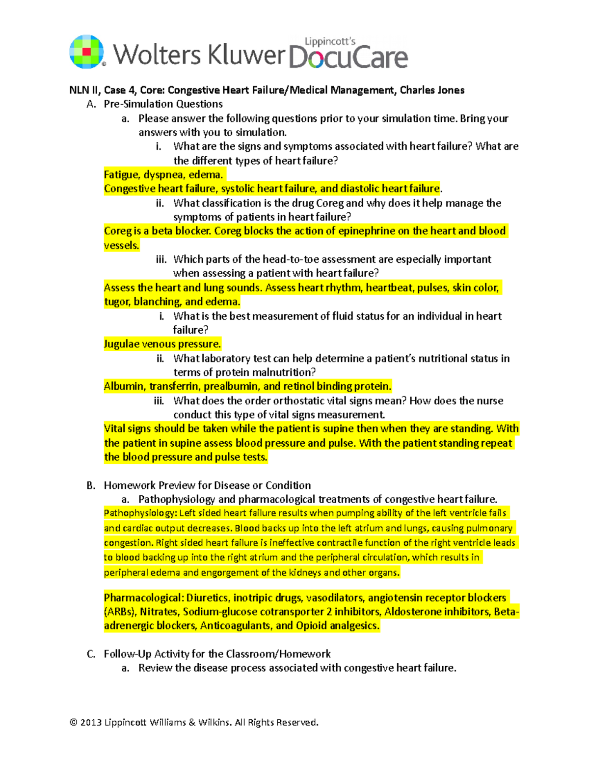 NLN II Case 4: Management of Congestive Heart Failure Pre-Sim Notes ...