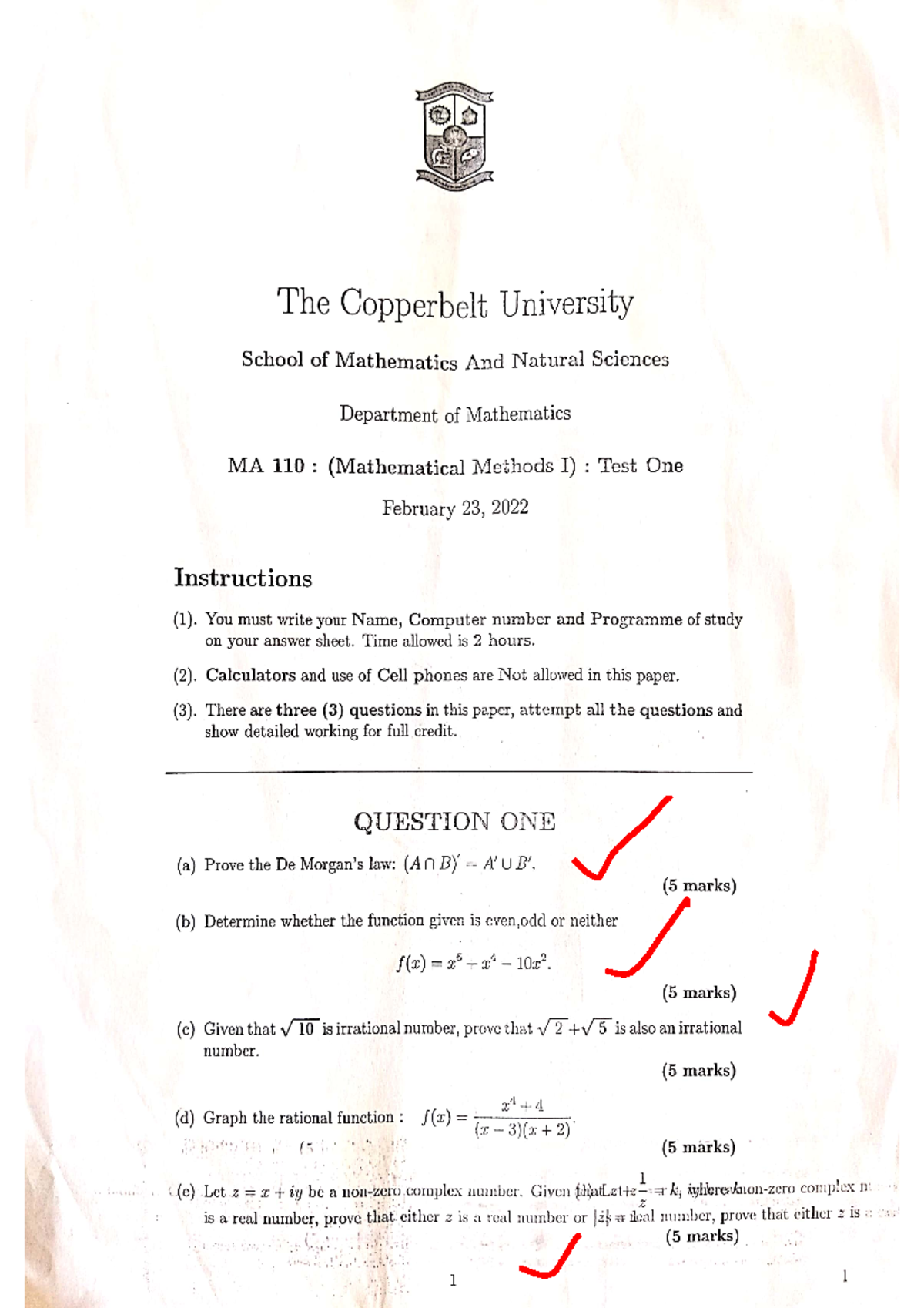 MA110 2022 - Really good - SOUTHWA The Copperbelt University School of ...
