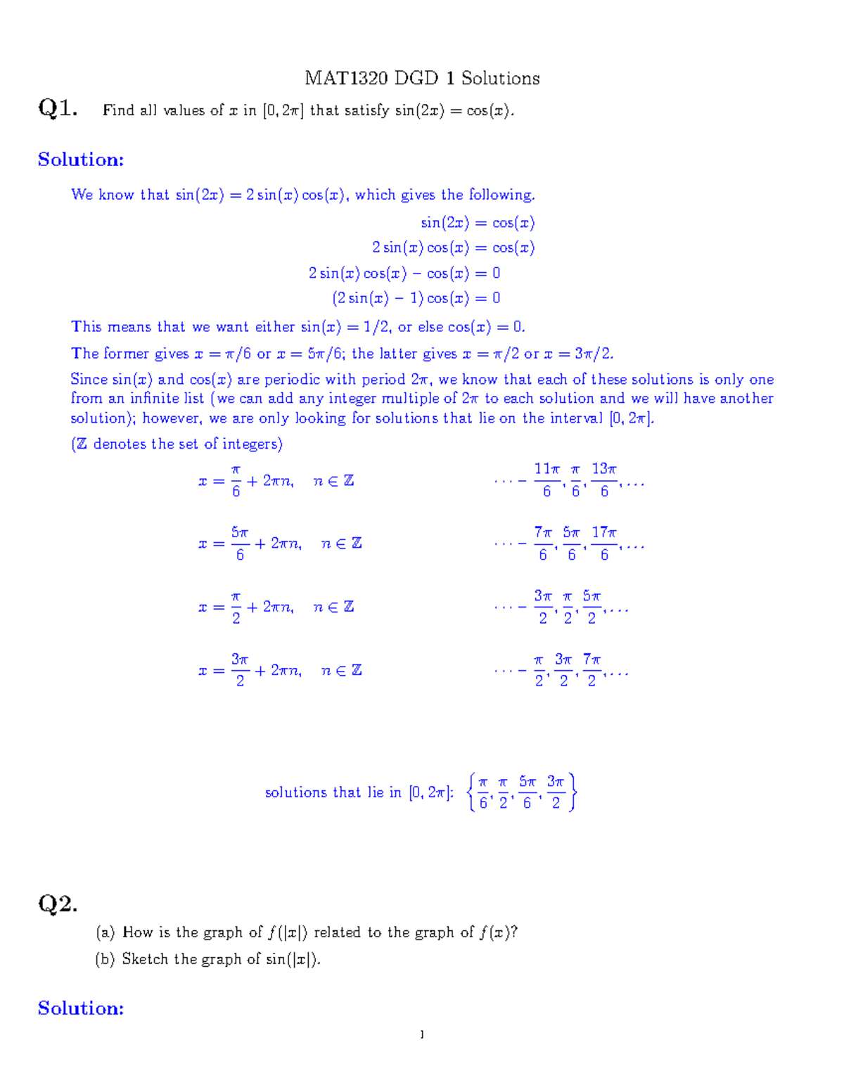 Dgd for math in - MAT1320 DGD 1 Solutions Q1. Find all values of x in ...