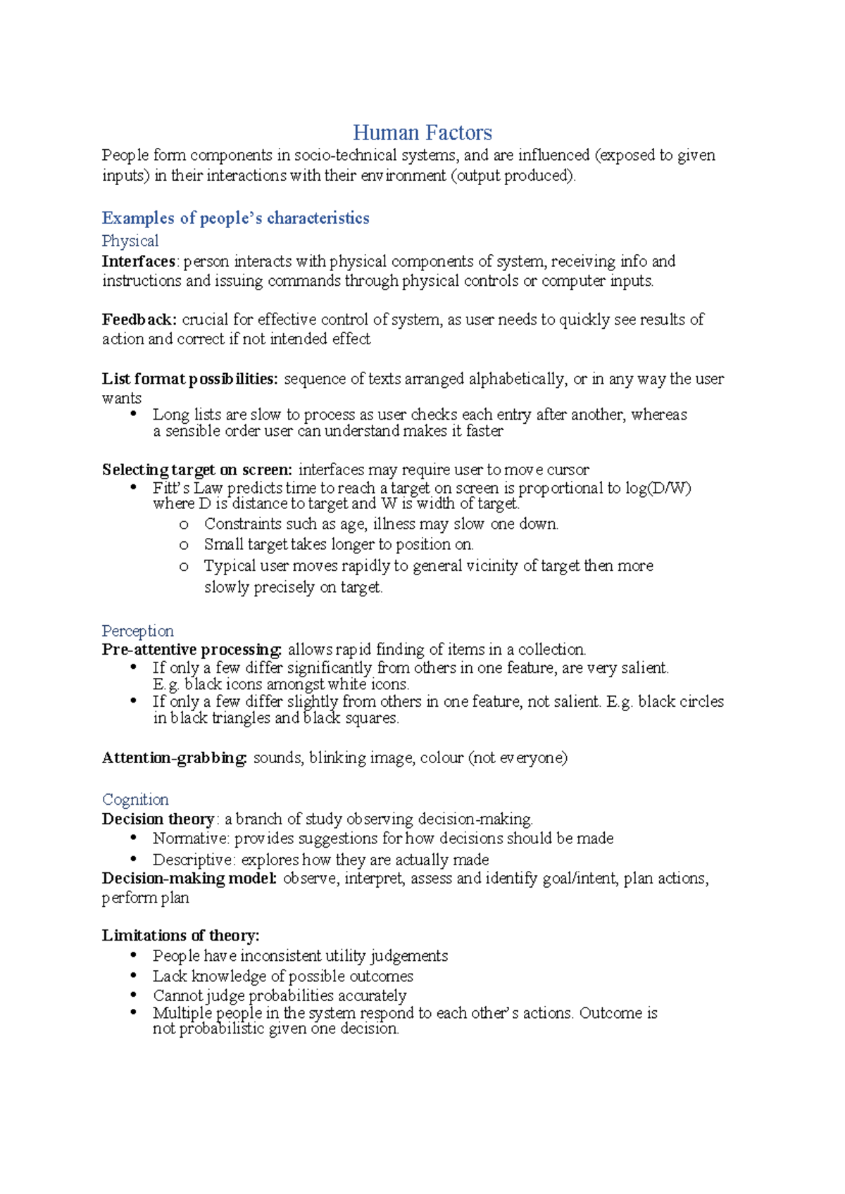 Engd2001 final exam notes on human factors and system design - Studocu