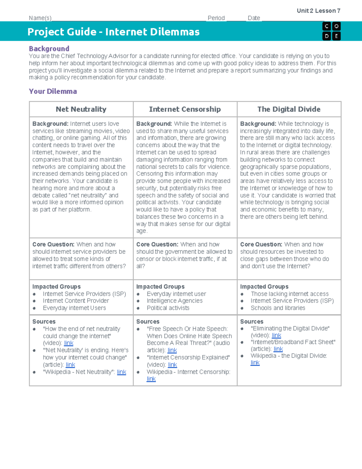 Unit 2 Lesson 7 Project Guide: Addressing Internet Dilemmas - Studocu