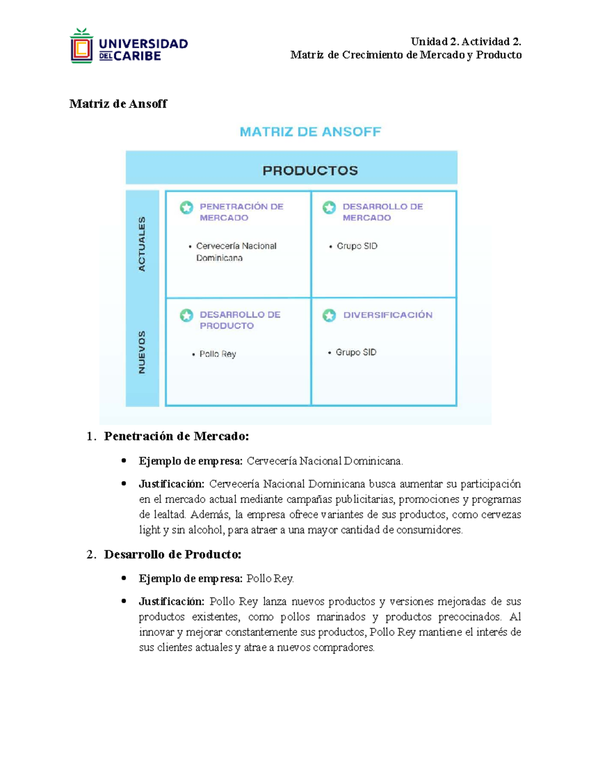 Unidad 2: Matriz de Crecimiento de Mercado y Producto (Ansoff) - Studocu