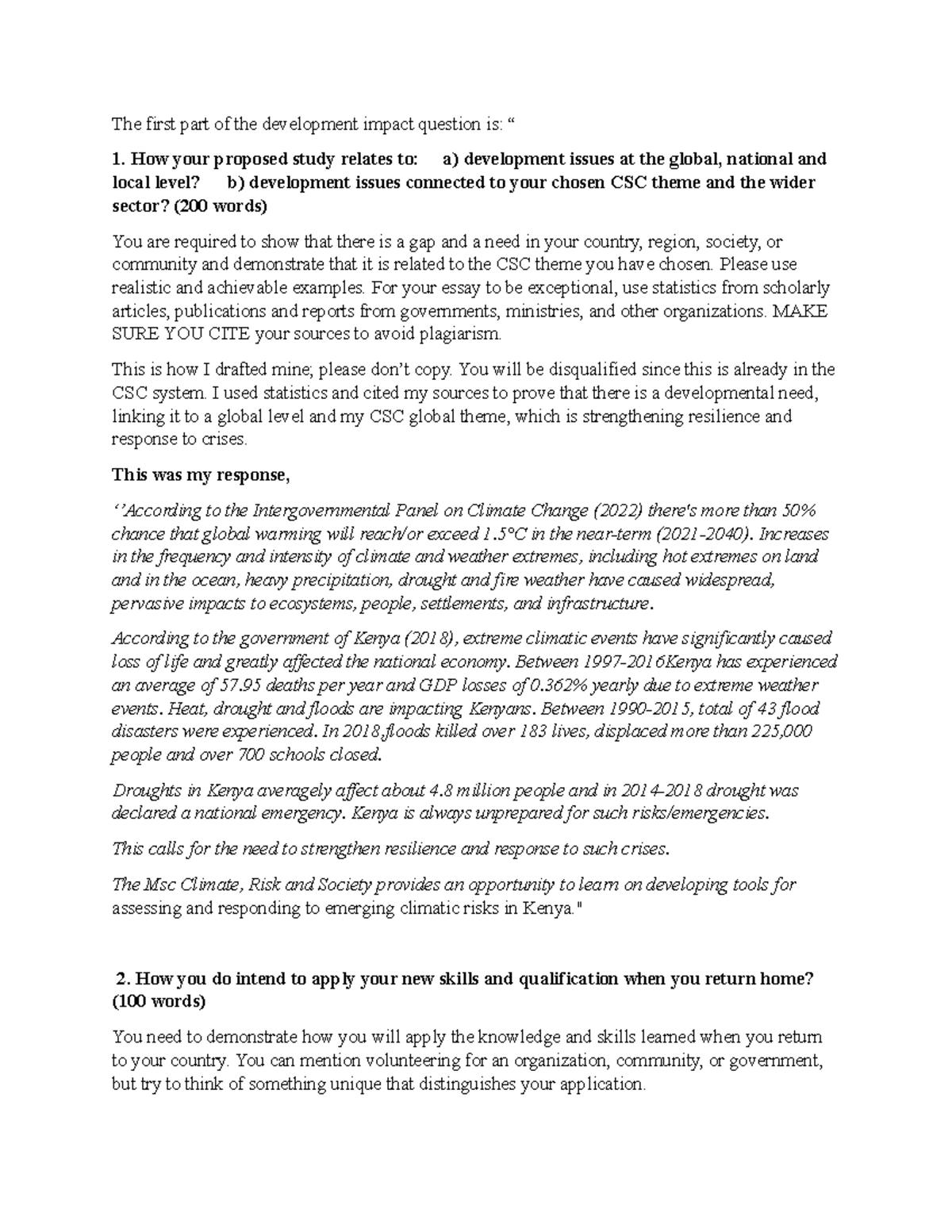 CSC Essay: Addressing Development Impact and Climate Resilience - Studocu