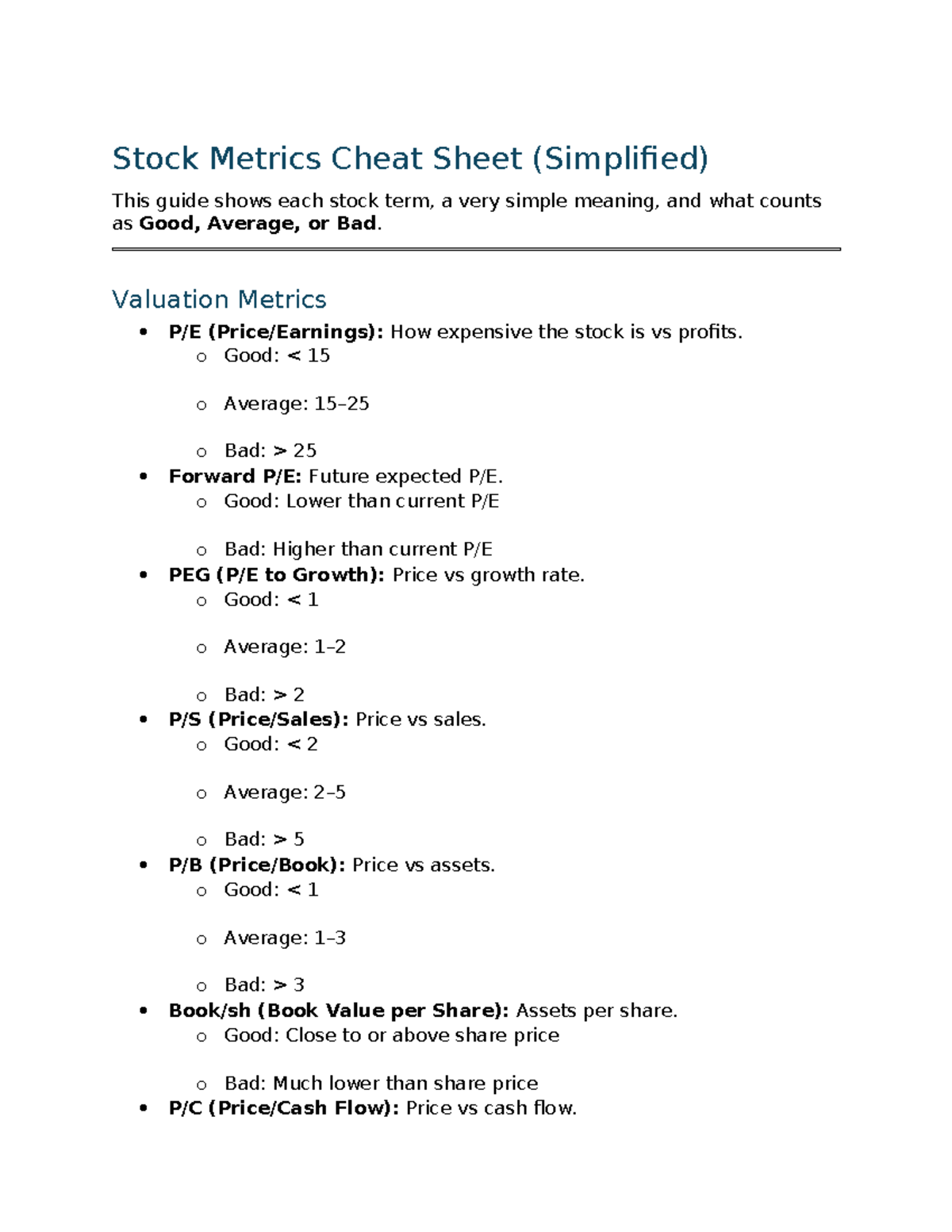 Stock Metrics Full Guide: Simplified Cheat Sheet for Investors - Studocu