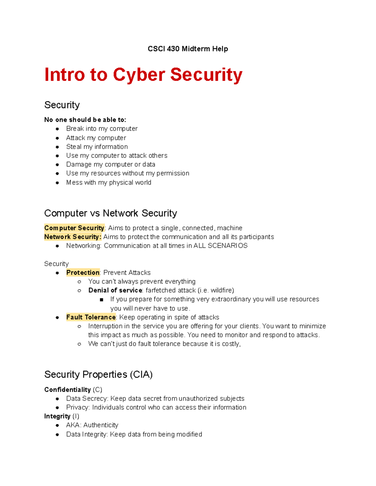 CSCI 430 Midterm Study Notes: Intro to Cyber Security Concepts - Studocu