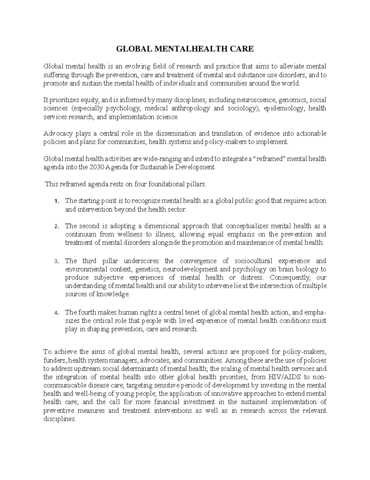 M3 - Global Mental Health Care: Strategies and Action Plan - Studocu
