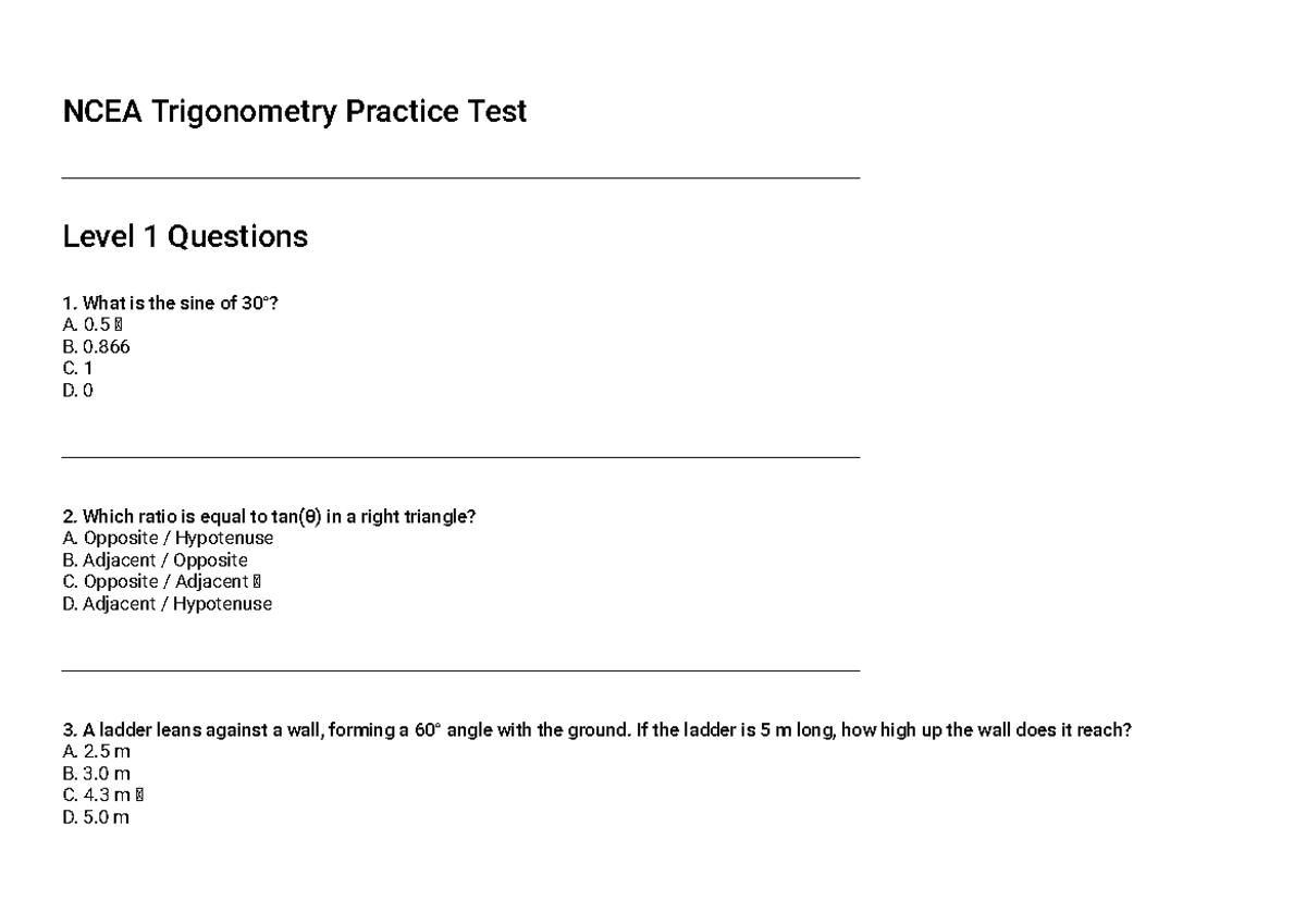 NCEA Trigonometry Practice Test Level 1 MCQs - Studocu