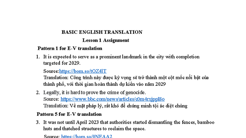BASIC ENGLISH TRANSLATION Lesson 1 Assignment Patterns for Translation ...