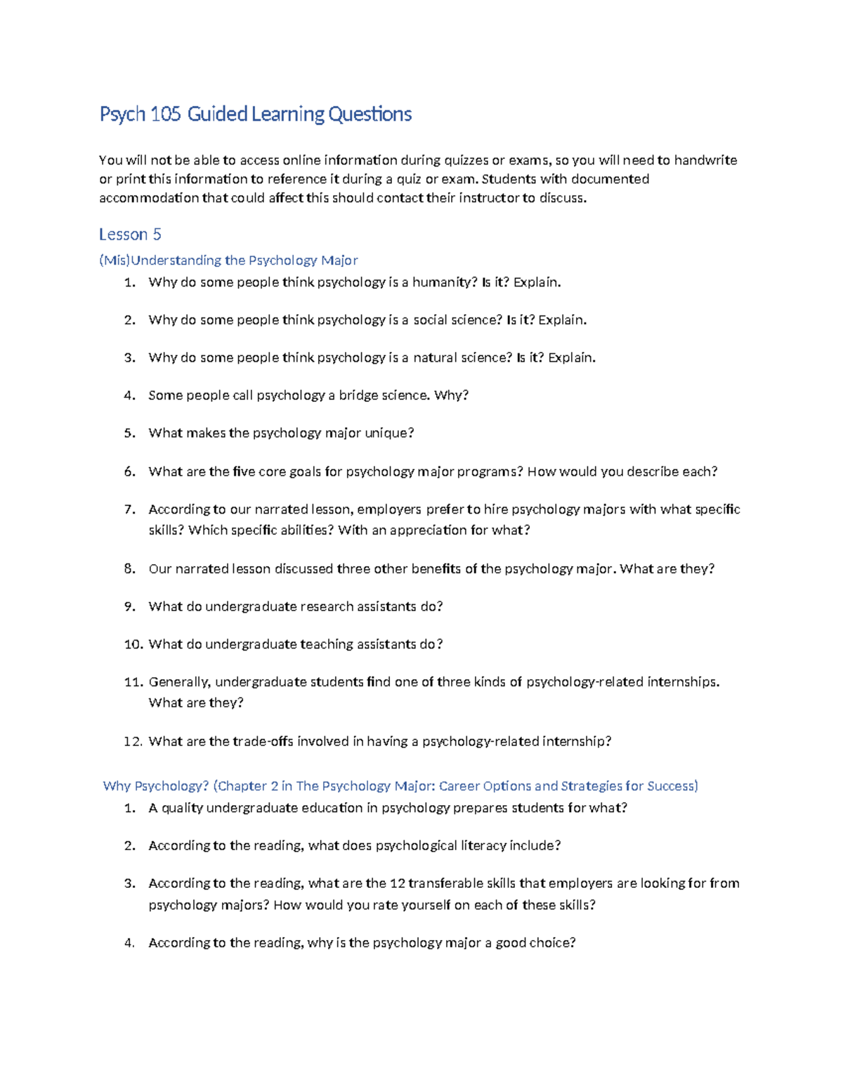 Psych 105 L5 Guided Learning Questions on Psychology Major Insights ...