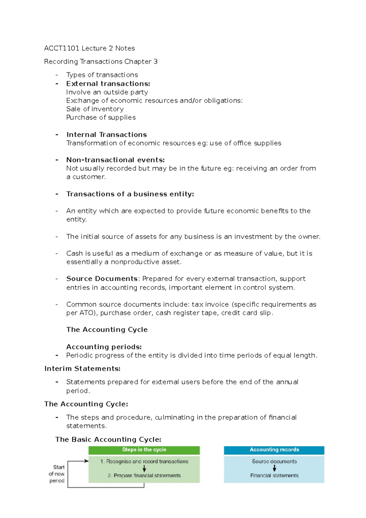 ACCT1101 Lecture 2 Notes: Recording Transactions & Accounting Cycle ...