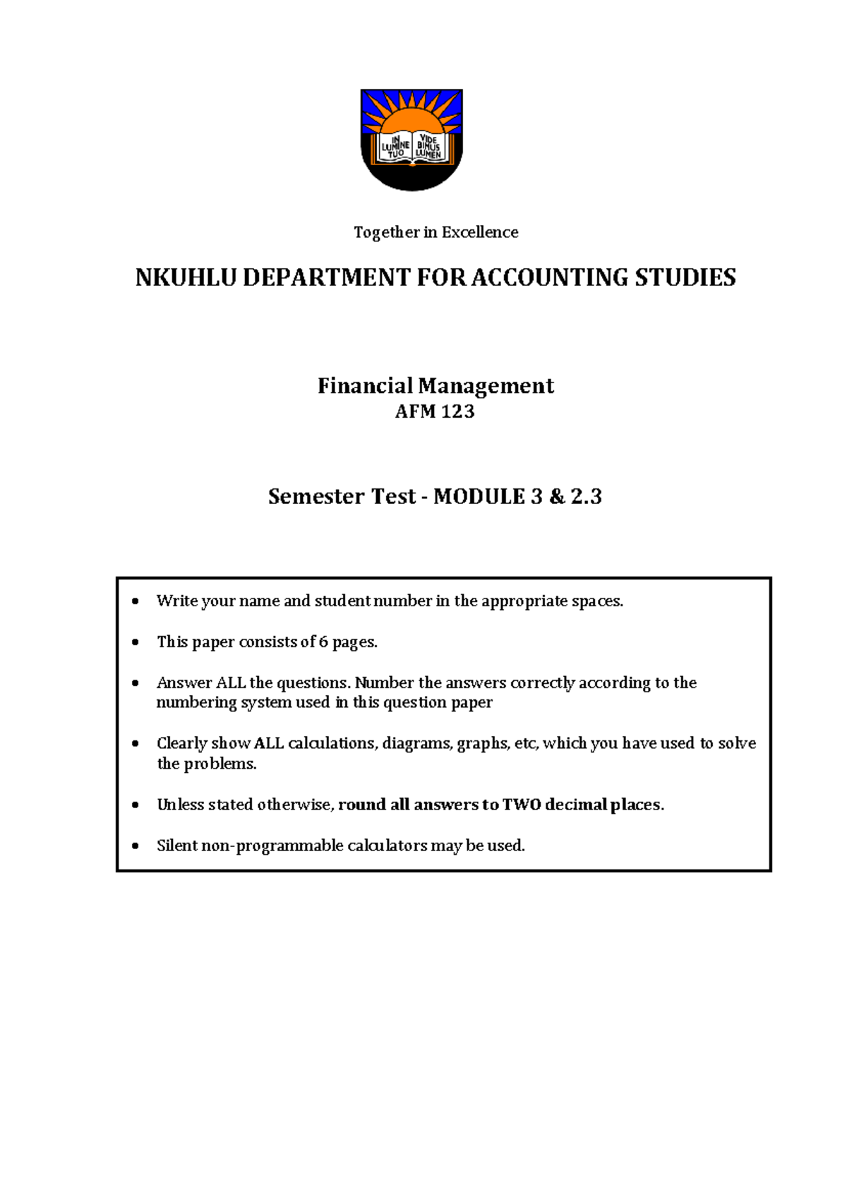 AFM 123 Financial Management Semester Test 2 Practice Material - Studocu