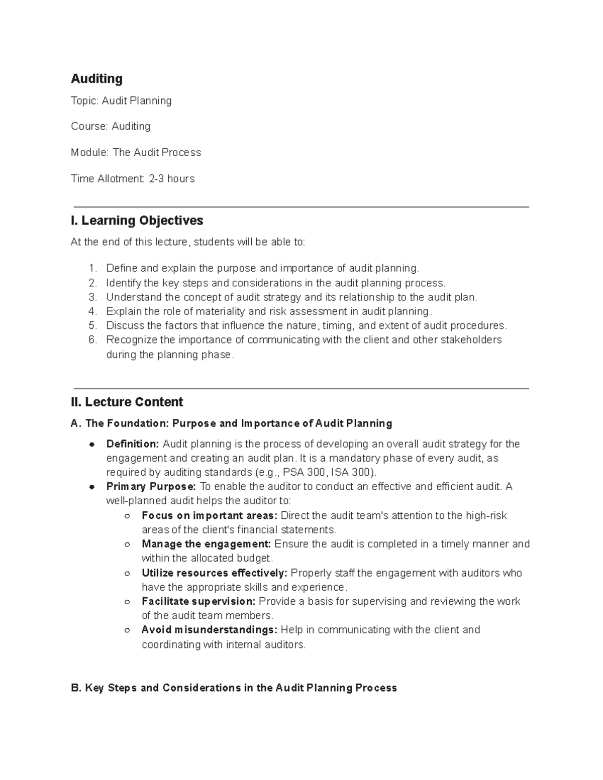 Audit Planning: Key Steps and Considerations in Auditing Module - Studocu