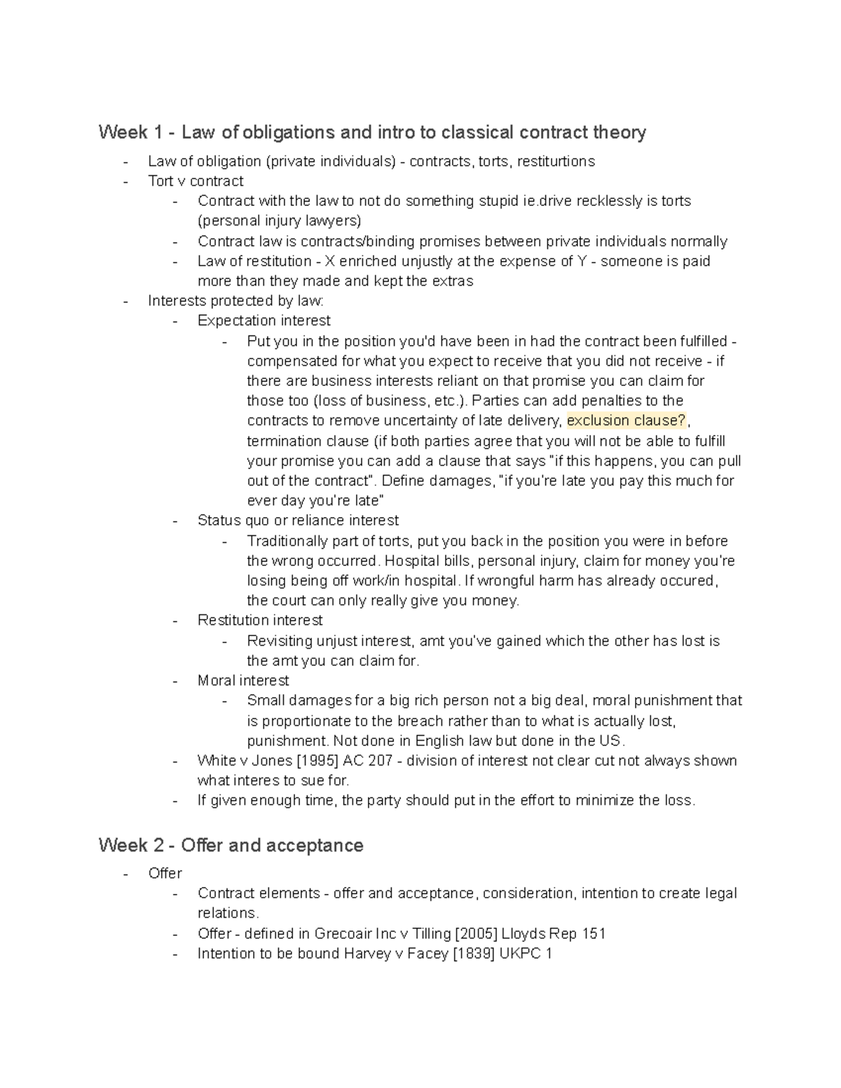Contract Law Notes: Week 1-6 Overview and Key Concepts - Studocu