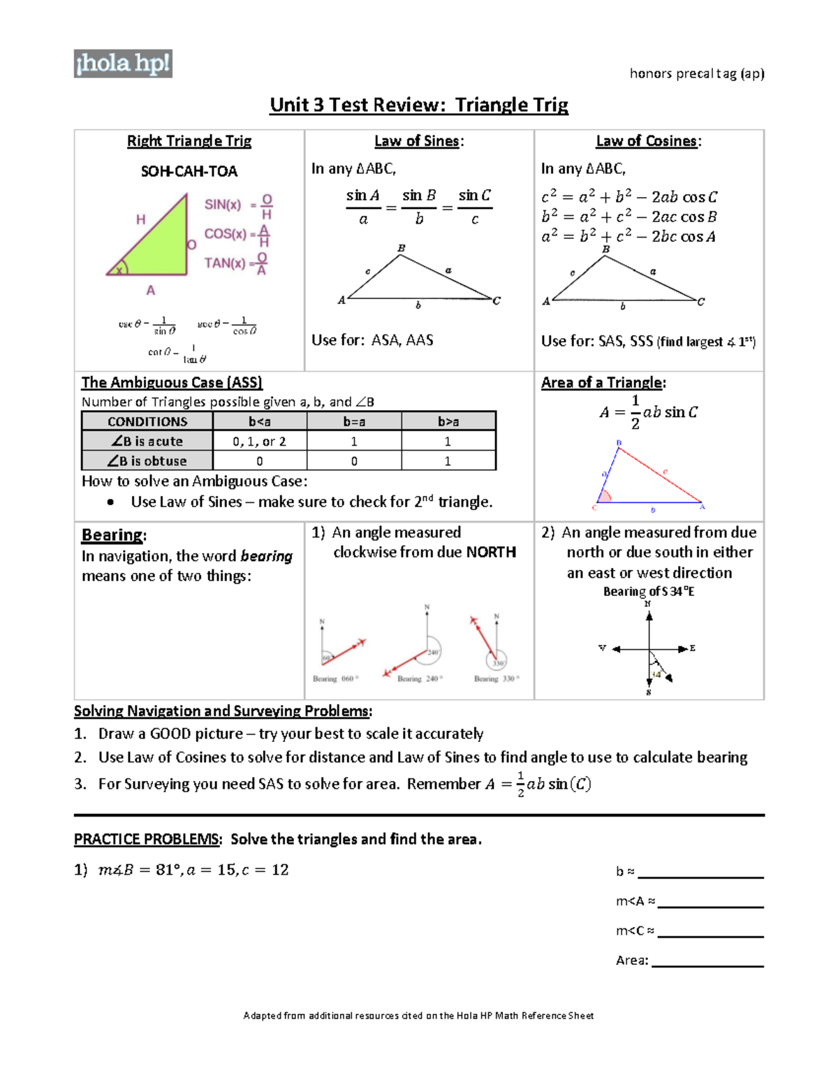 Unit 3 test review 2024 (pcaltag) - Unit 3 Test Review: Triangle Trig ...