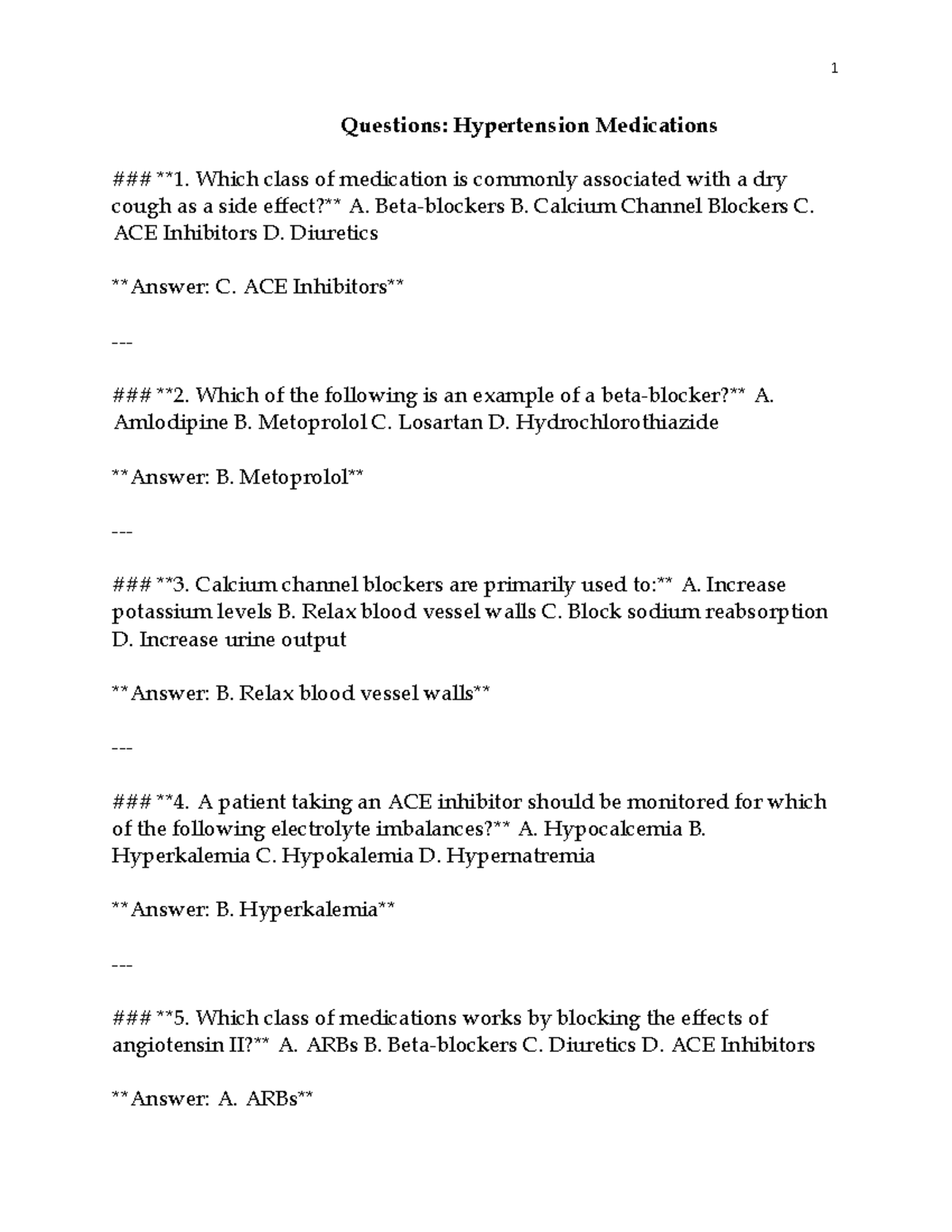Hypertension Medications Practice Questions and Answers - Studocu