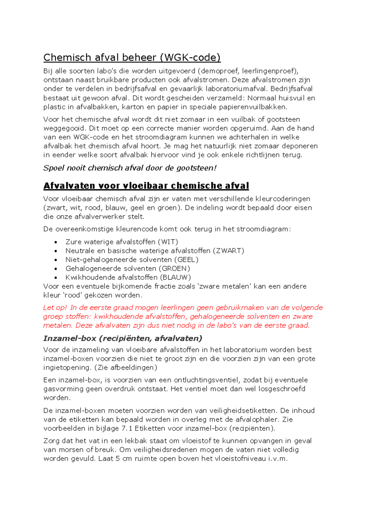 Chemisch Afvalbeheer en WGK-codes: Inzamelingsrichtlijnen - Studocu