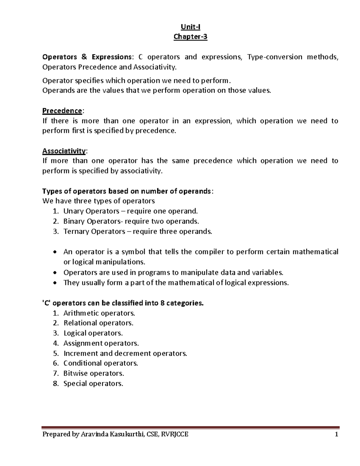 CSE Operators and Expressions: Precedence, Associativity, and Types ...