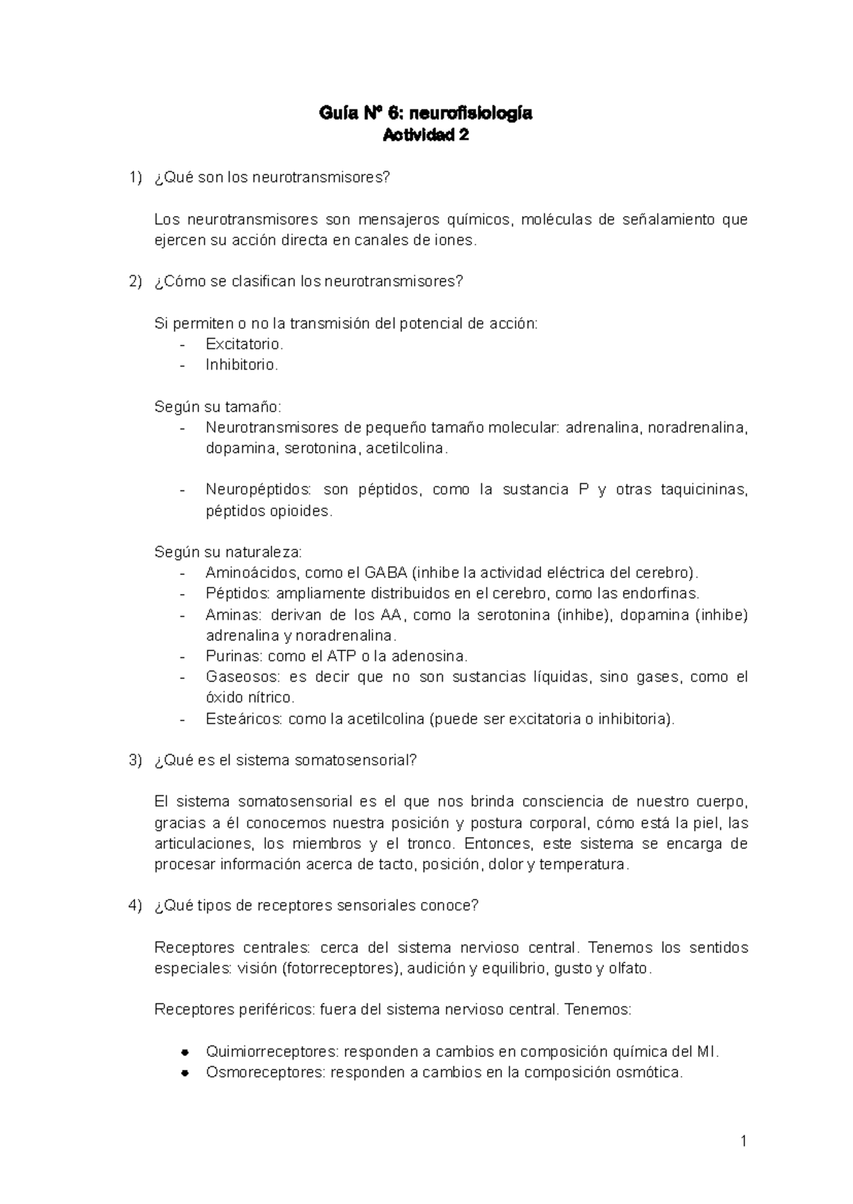 Guía N°6: Neurofisiología y Funciones de Neurotransmisores - Studocu