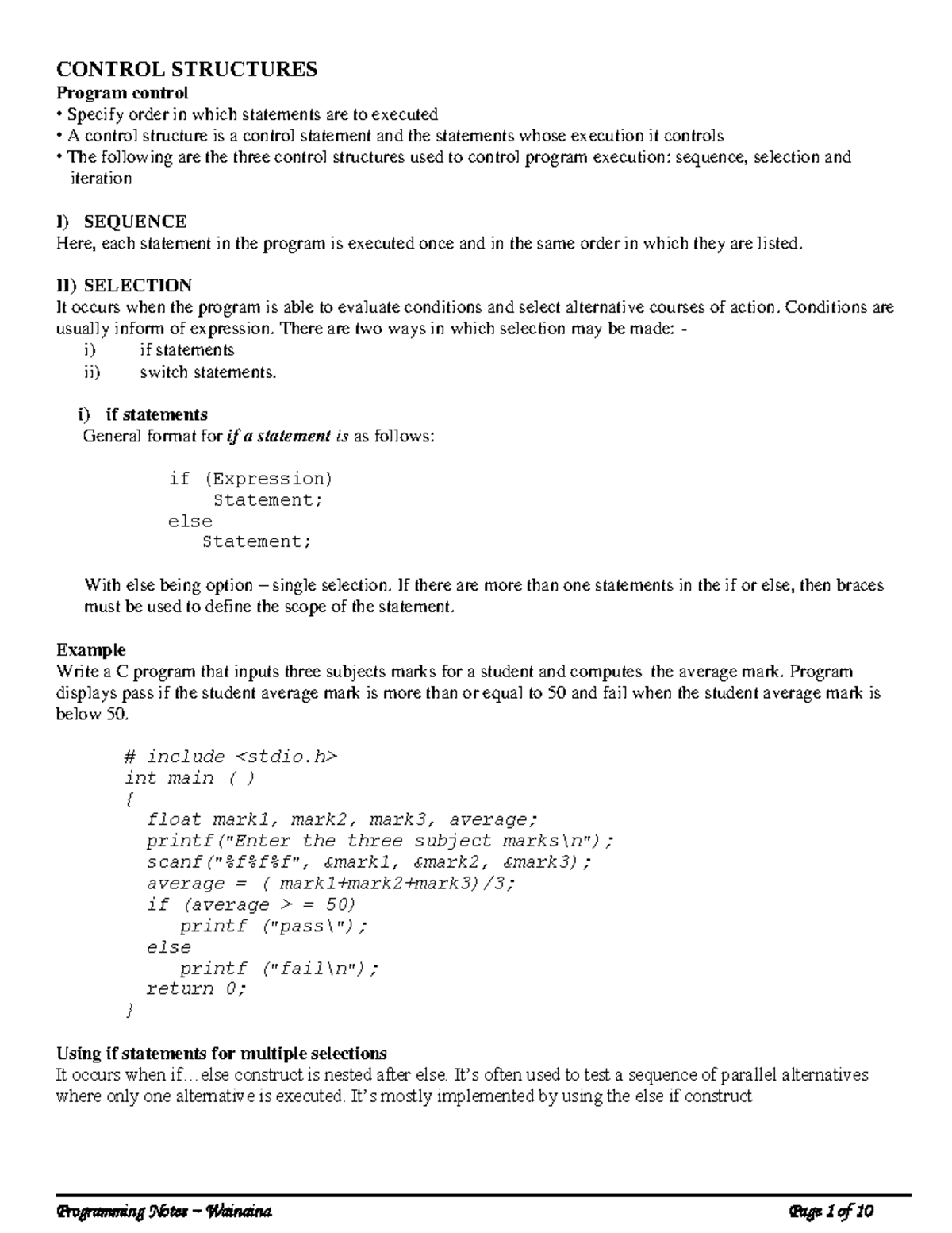 4. Control Structures - CONTROL STRUCTURES Program control Specify ...