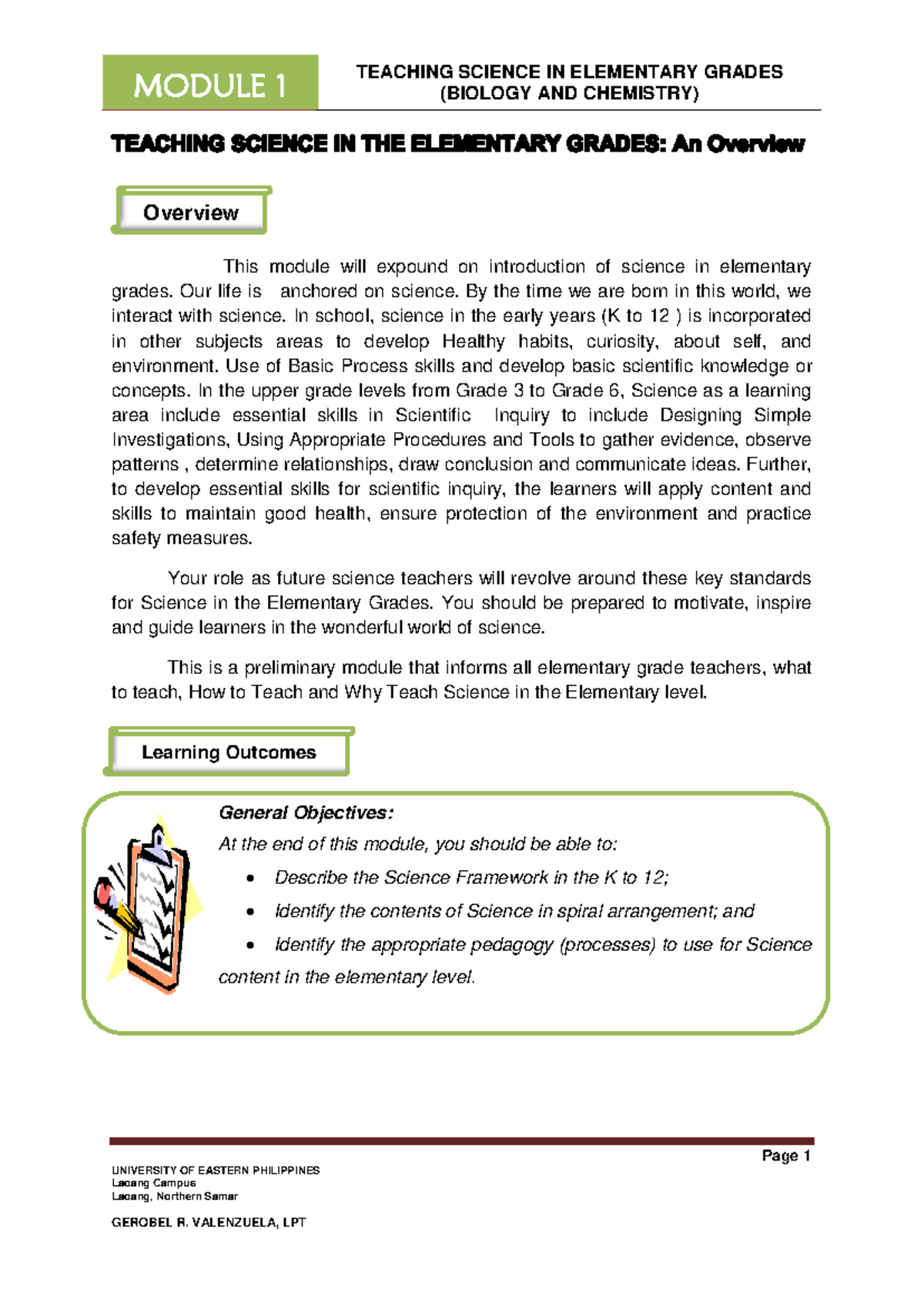 MODULE 1: TEACHING SCIENCE IN ELEMENTARY GRADES (BIOLOGY & CHEMISTRY ...