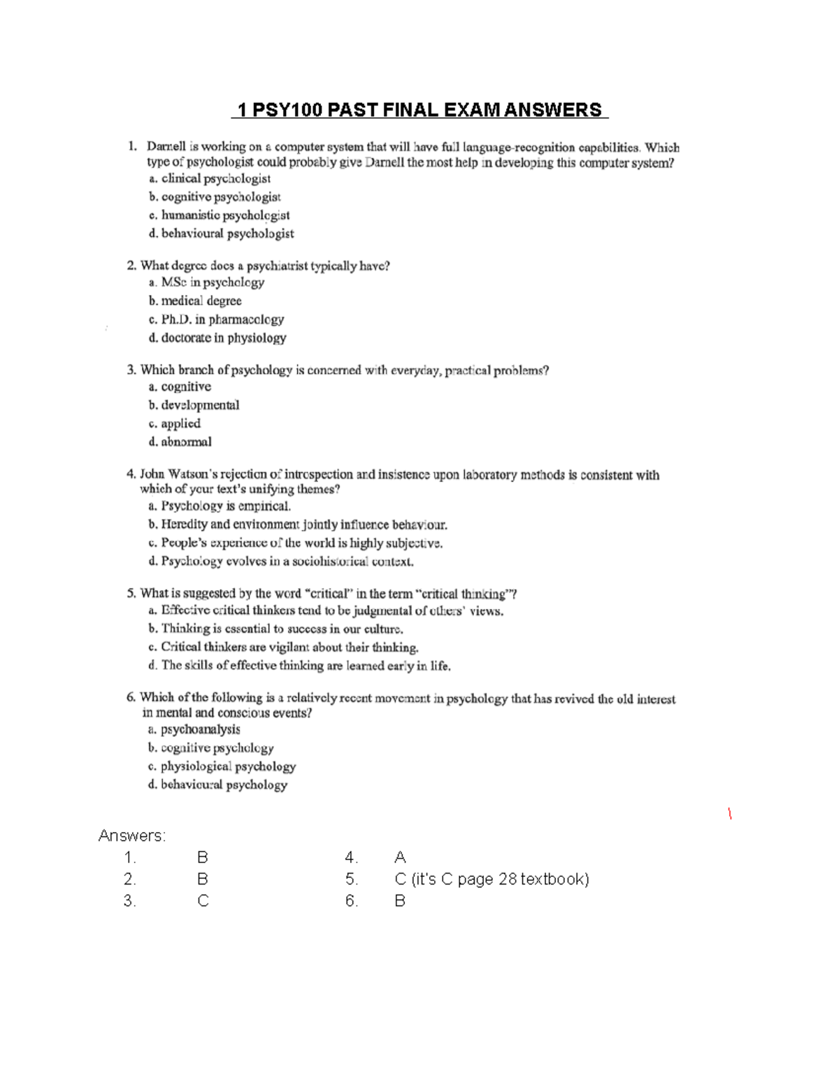 PSY100 Final Exam: Comprehensive Past Exam Answers - Studocu