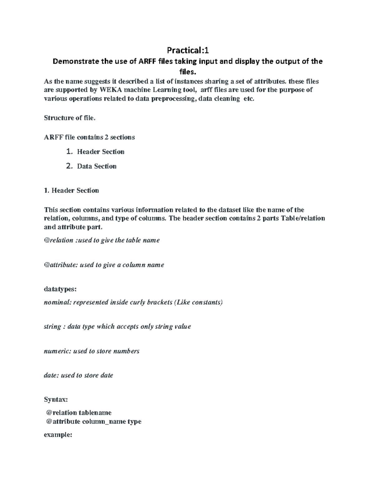 Practical Demonstration of ARFF Files in WEKA - P1 DM - Studocu
