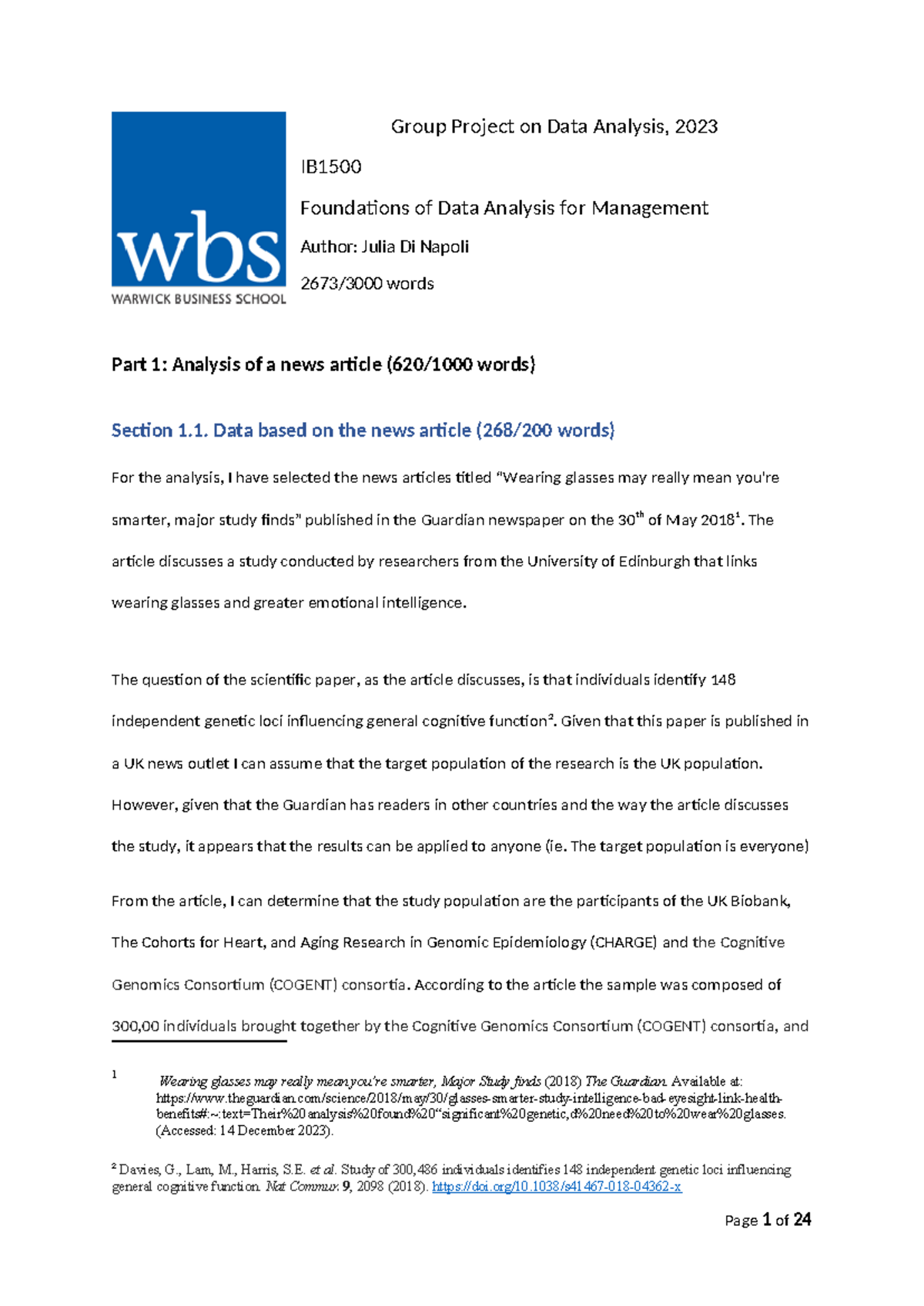 IB Foundations of Data Analysis for Management Final Project Report ...