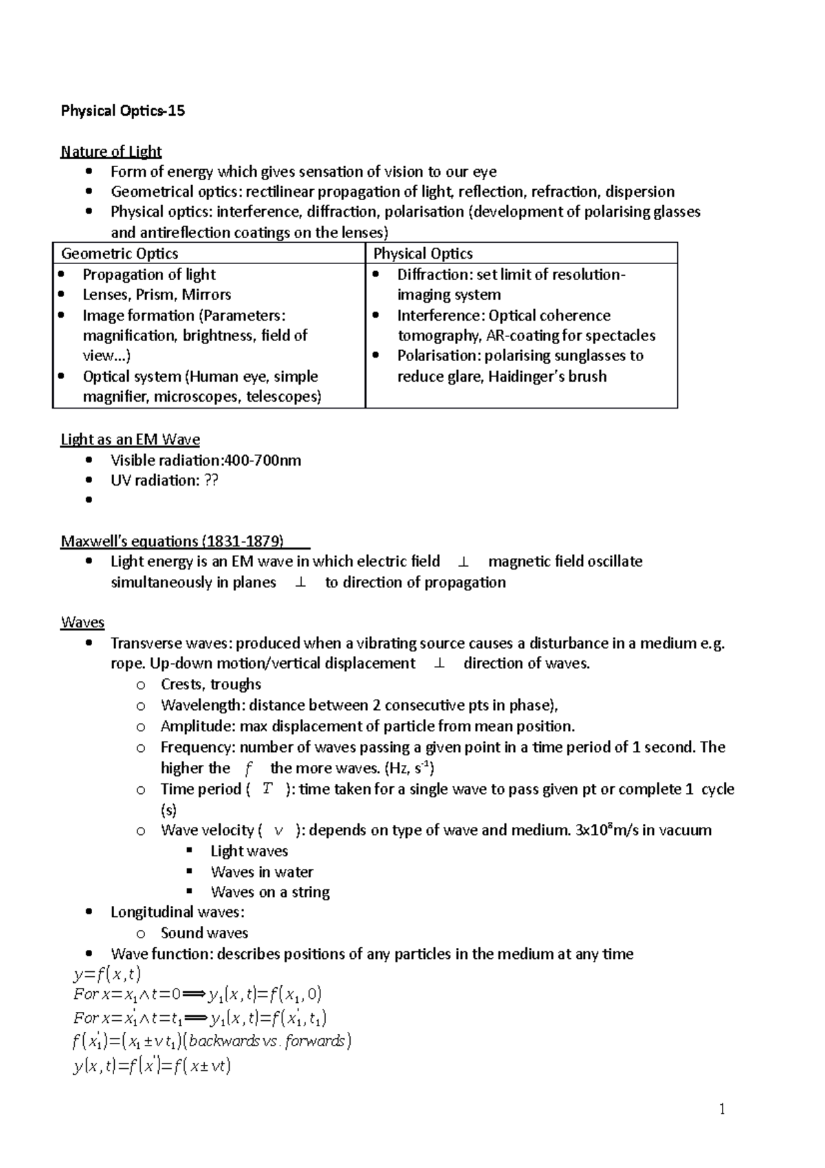 15-Physical Optics - Lecture notes 15 - Physical Optics- Nature of ...