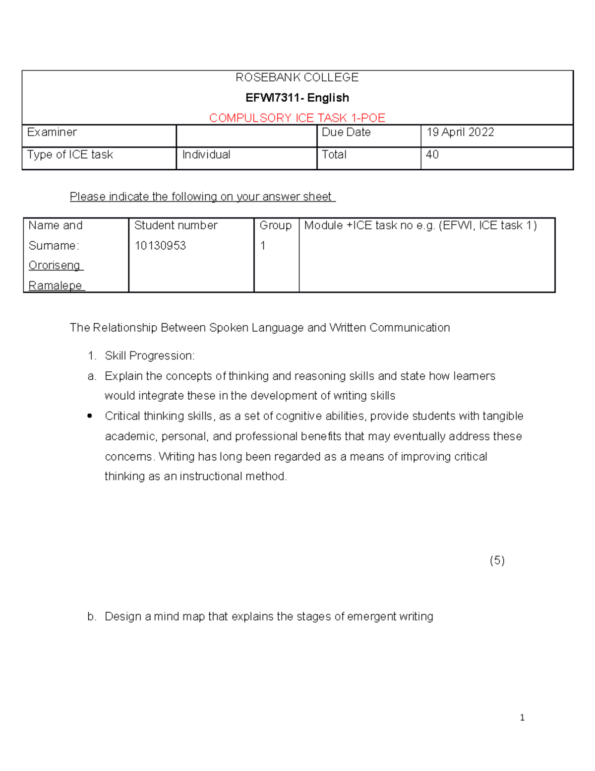 EFWI7311 Compulsory ICE Task 1: Exploring Language Skills - Studocu