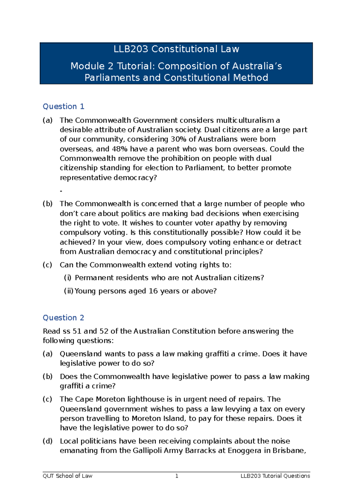 LLB203 Constitutional Law Module 2 Tutorial Questions on Parliament ...