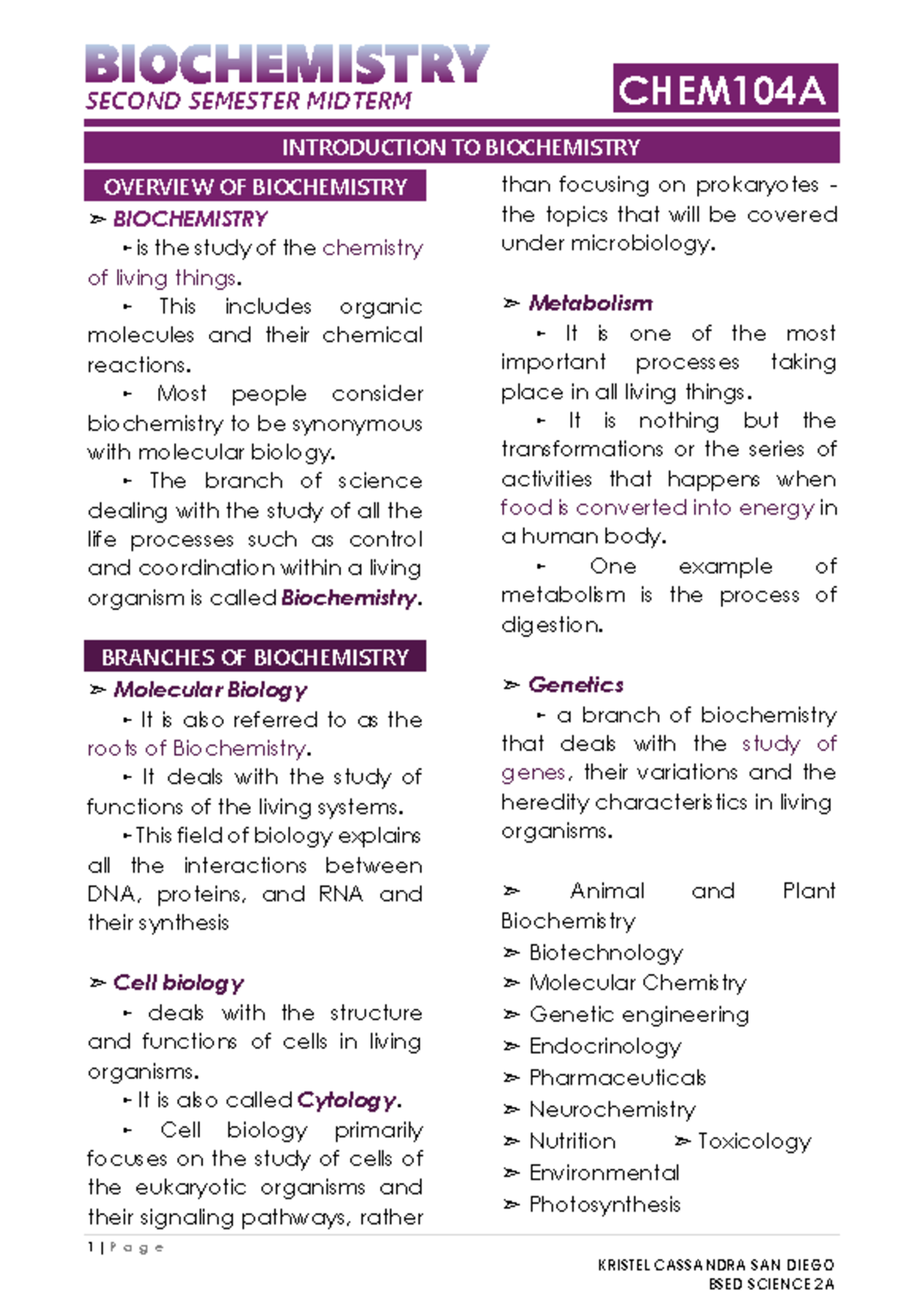 BIOCHEMISTRY CHEM104A SECOND SEMESTER MIDTERM STUDY GUIDE OVERVIEW ...