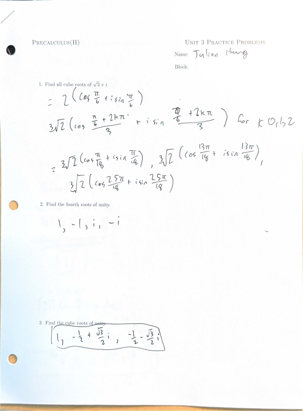 Precalculus(H) Unit 3 Practice Problems and Solutions - Studocu