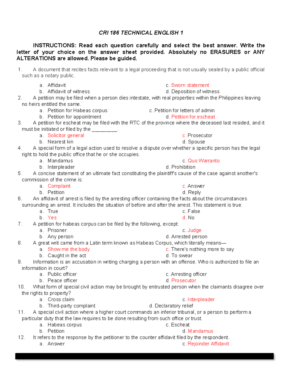 CFE CRI 186 Technical English 1: Exam Instructions and Sample Questions ...